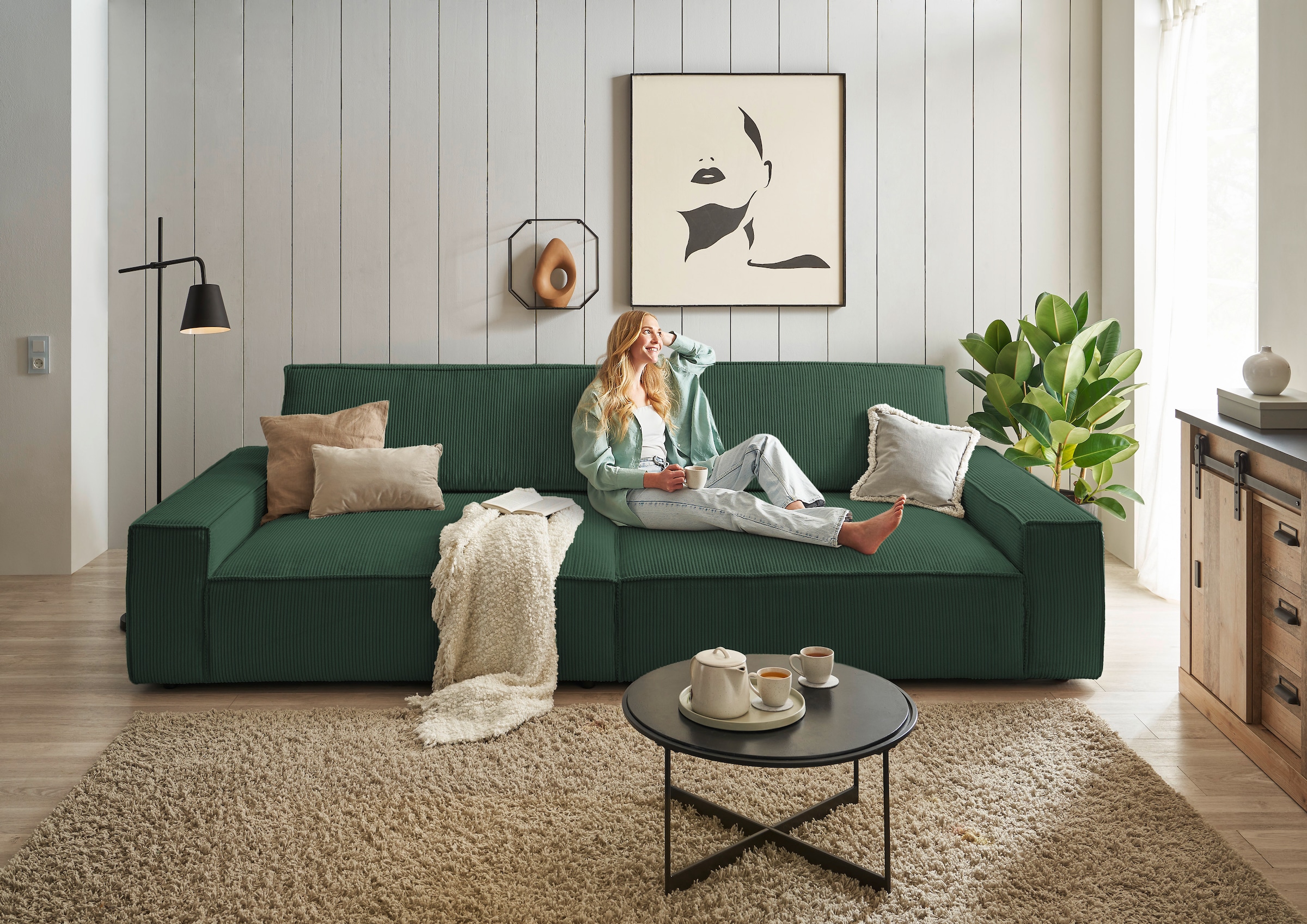 Home affaire Big-Sofa »NEU: SHERWOOD XXL, Big-Sofa (316cm), extra tiefe Sitzfläche 95 cm«, bequemer Sitzkomfort, Cord u. Leinenoptik, Kedernaht