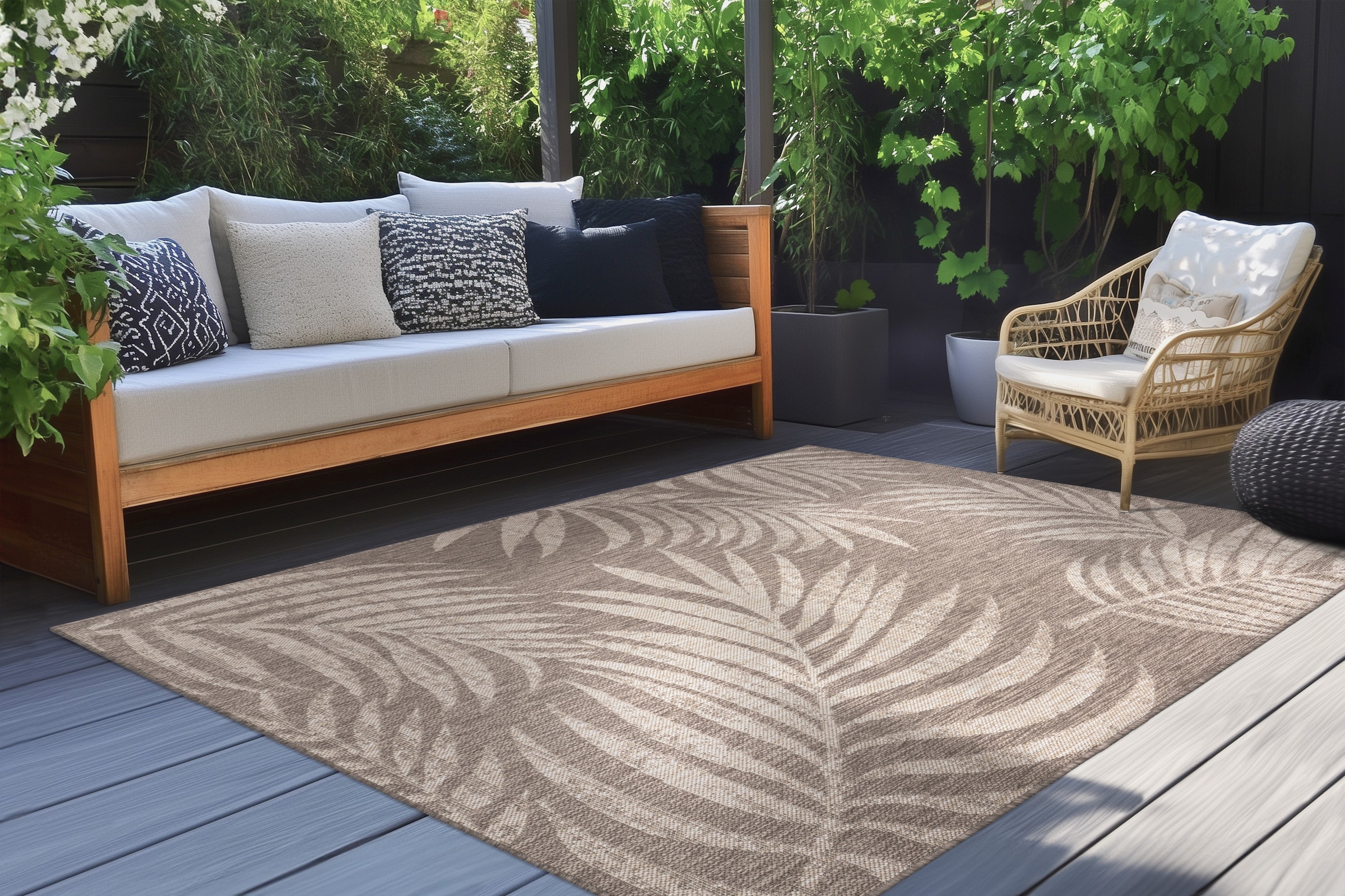Teppich KAYOOM "Nibru 725", taupe, B:200cm H:5mm L:290cm, Polypropylen, Teppiche, Teppich, Flachgewebe, In- und Outdoor geeignet, schnell trocknend, floral