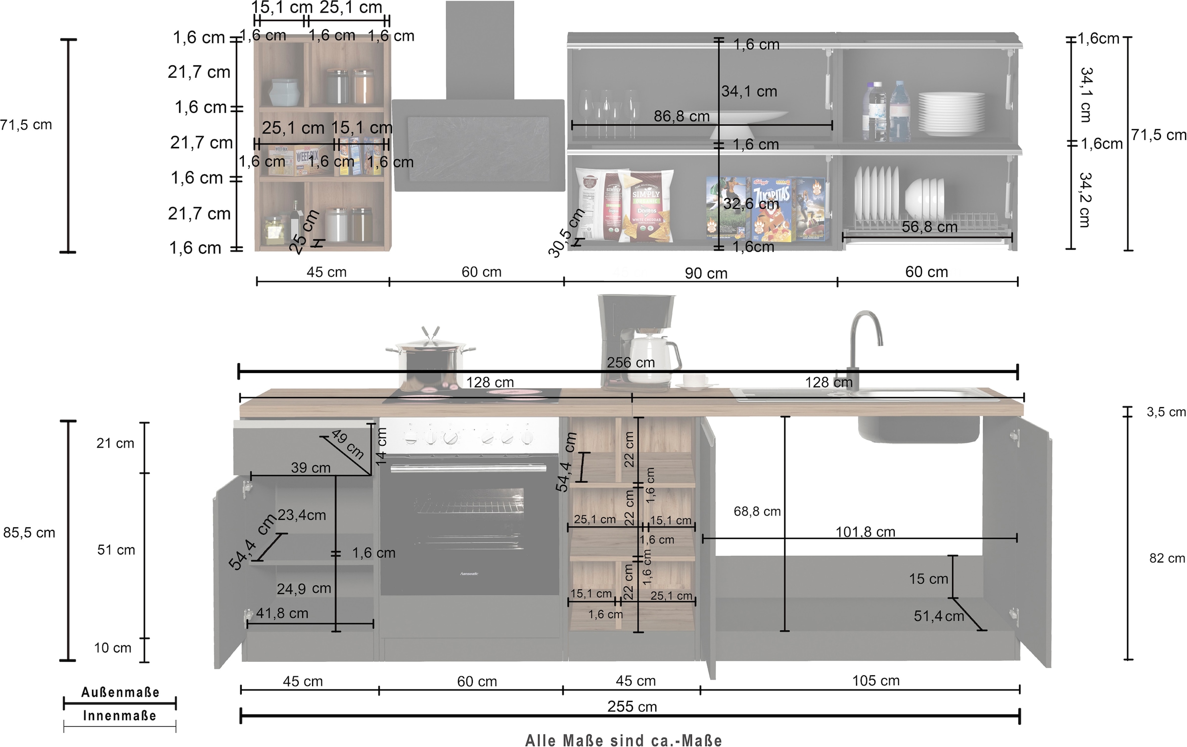 KOCHSTATION Küchenzeile »KS-Sole«, Breite 256 cm, Hängeregal, Geschirrabtropfschrank, ohne E-Geräte