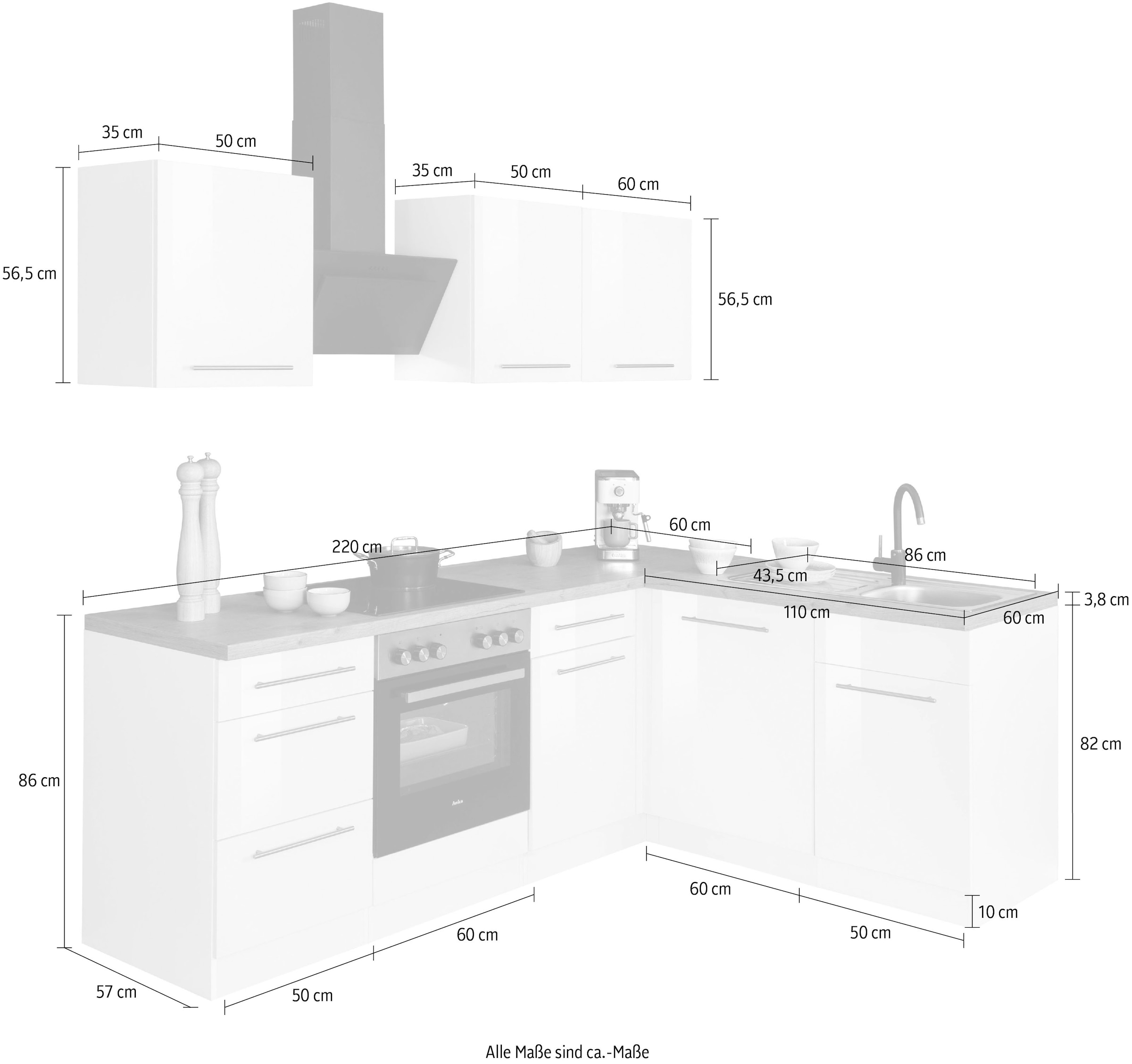 »Unna«, Stellbreite BAUR 220 bestellen ohne wiho | cm Küchen x 170 E-Geräte, Winkelküche