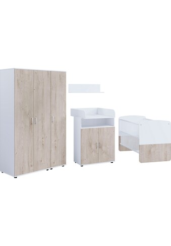 Babymöbel-Set, (Set aus: Babybett, Kommode, Wickelaufsatz, Wandboard, Regal, Schrank)