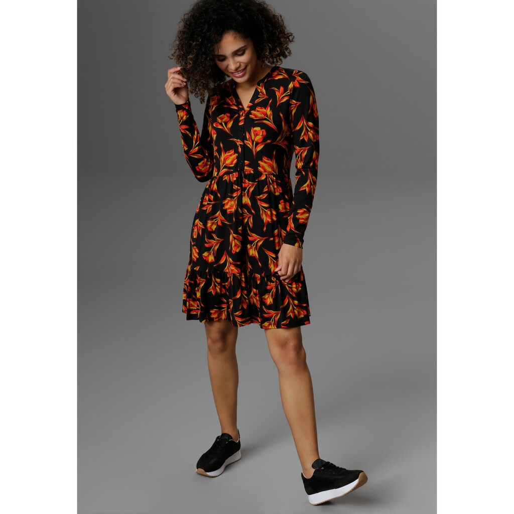 Damenmode Kleider Aniston SELECTED Jerseykleid, mit Tulpendruck und Volant schwarz-dunkelrot-rot-ocker Damenmode Kleider Aniston SELECTED Jerseykleid, mit Tulpendruck und Volant schwarz-dunkelrot-rot-ocker
