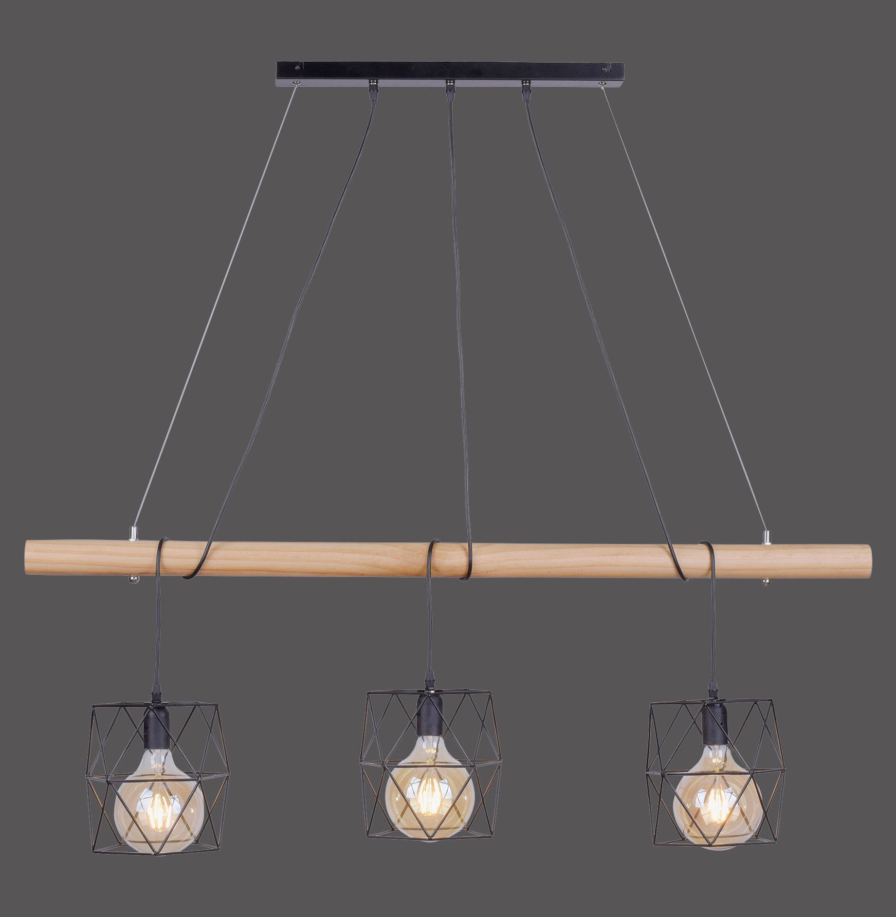 JUST LIGHT LED Pendelleuchte »EDGAR«, 3 flammig-flammig, Kombination aus  lackierten Metallkörbchen & rustikalem Pinienholz | BAUR
