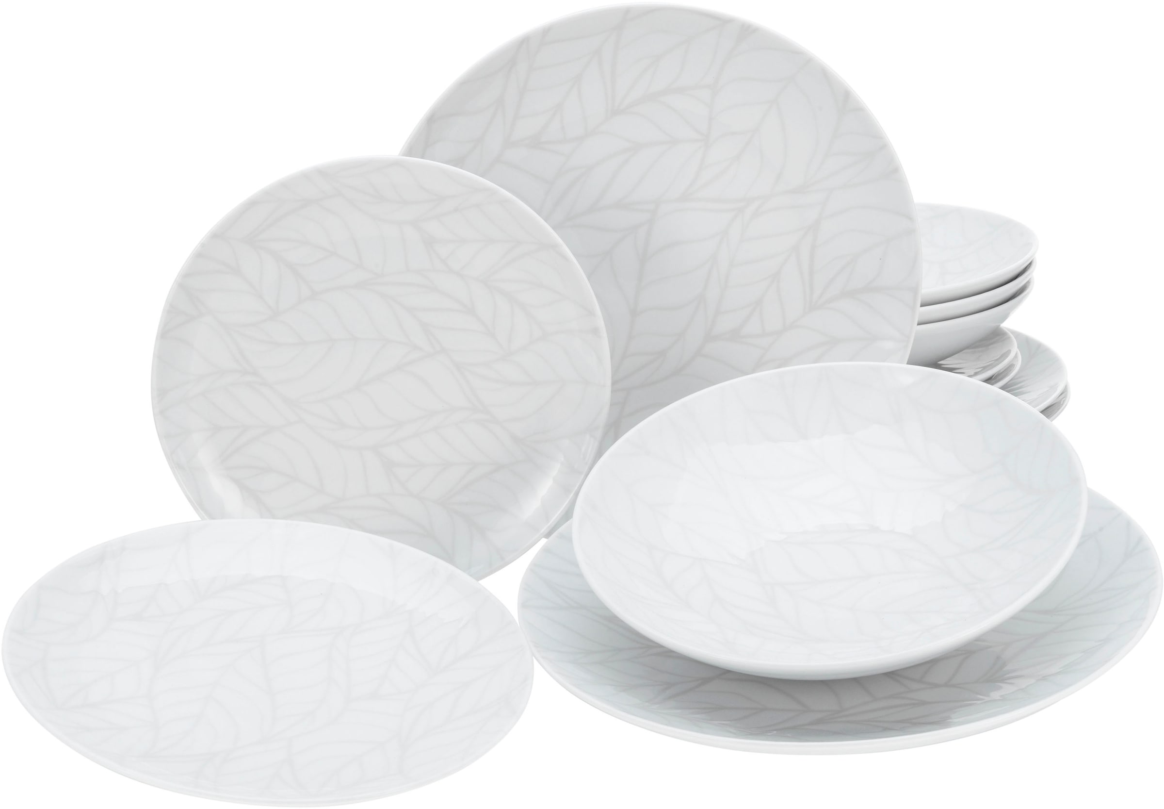 CreaTable Teller-Set "Geschirr-Set Home - Blätter", (Set, 12 tlg., Tafelservice für 4 Personen), Service, weiß, Used-/Vi