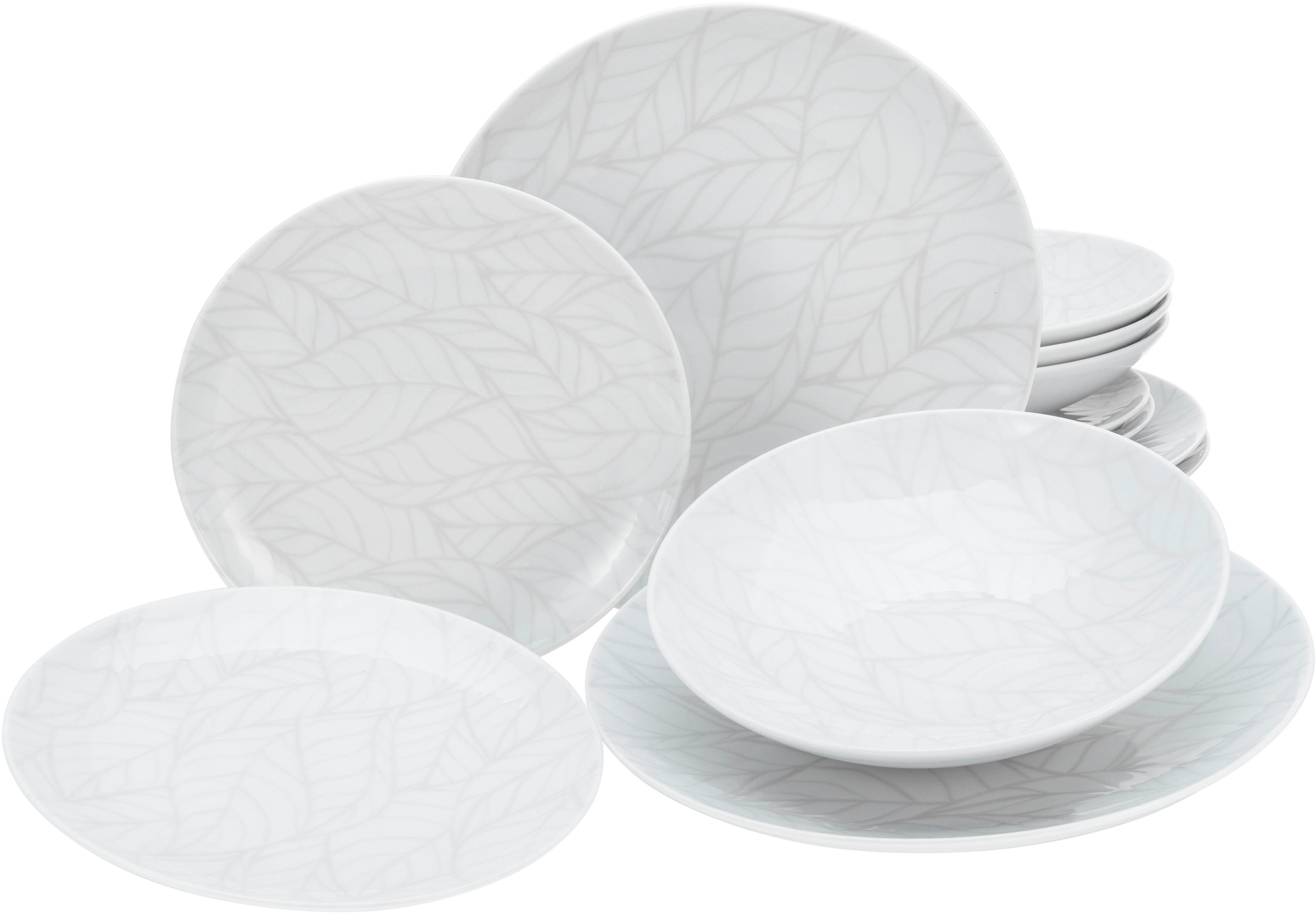 CreaTable Teller-Set "Geschirr-Set Home - Blätter" Teller Set, Service weiß, Used-/Vintage-Look, 12 Teile, für 4 Personen