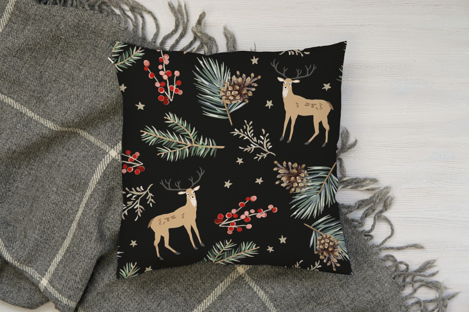 queence Dekokissen »Rudolf«, Kissenhülle,Rentier,Weihnachten,Schwarz,Winterlich,Weihnachtsmotiv