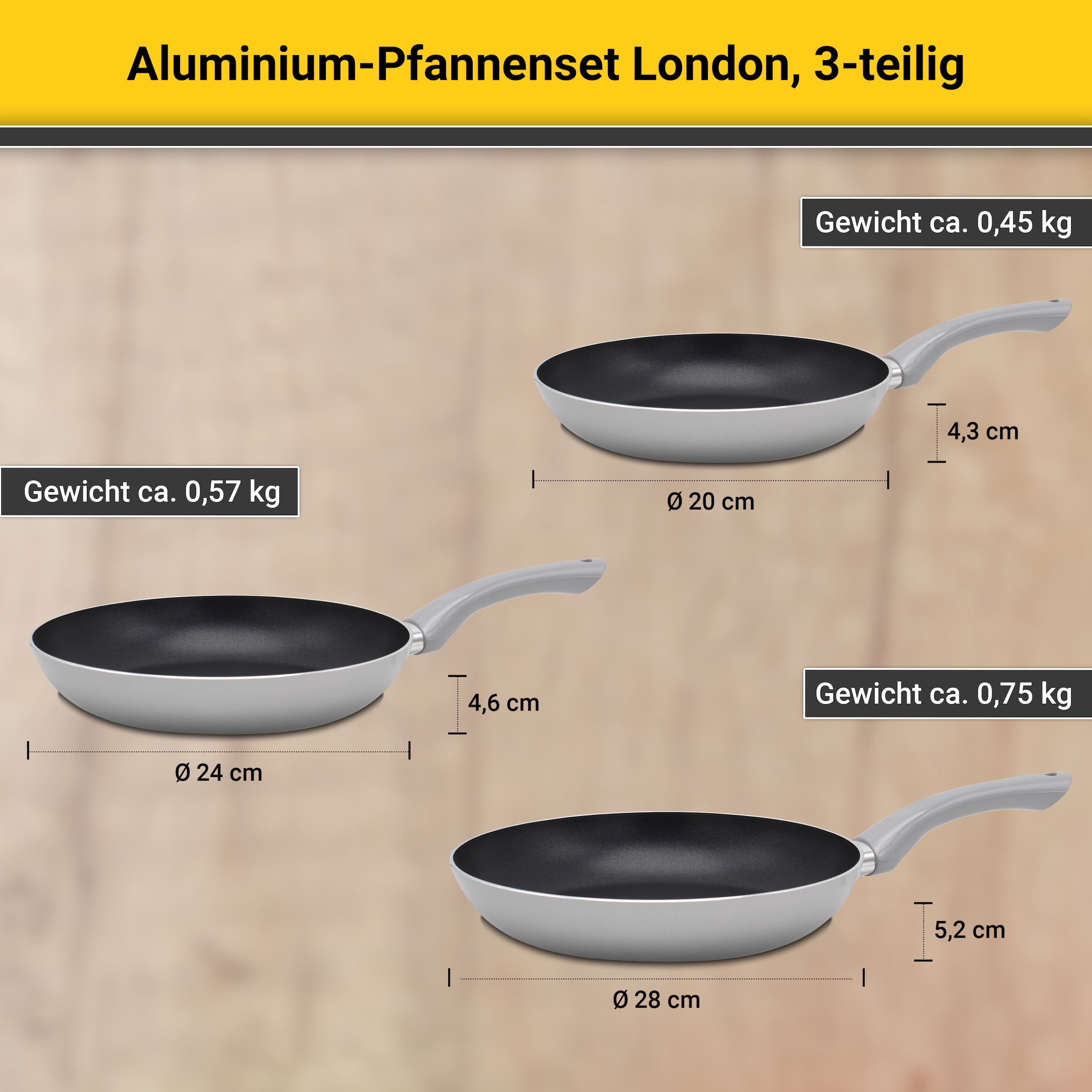 Krüger Pfannen-Set »London«, Aluminium, (Set, 3 tlg.), Ø 20/24/28 cm, Induktion