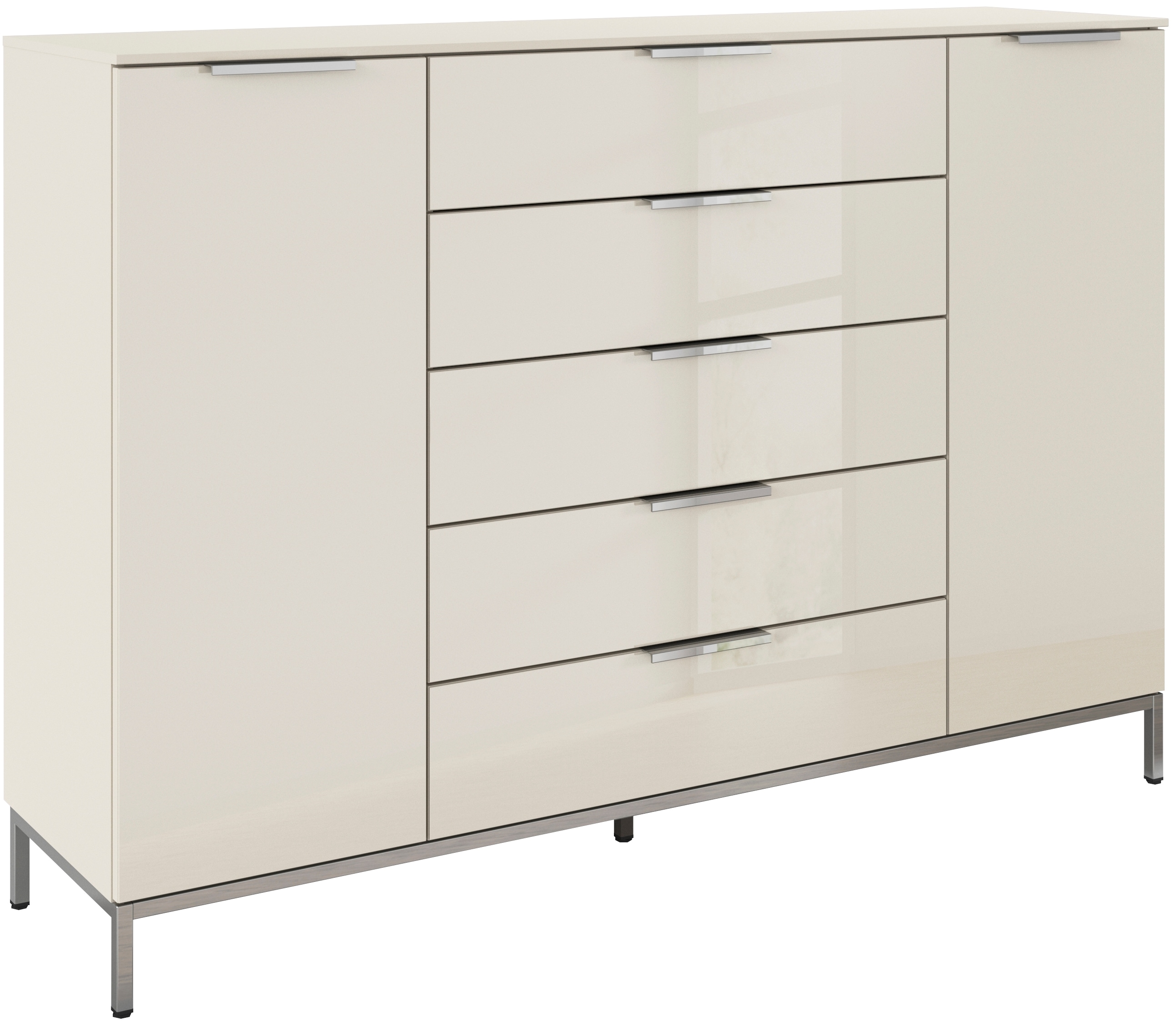 rauch "Kommode Türkommode Sideboard Kombikommode FLIPP mit Glasfront" Breite 160/180 cm mit 4 Einlegeböden, 2-trg mit 5 Schubladen und Soft-Close-Funktion, Glasfront, 2 Breiten