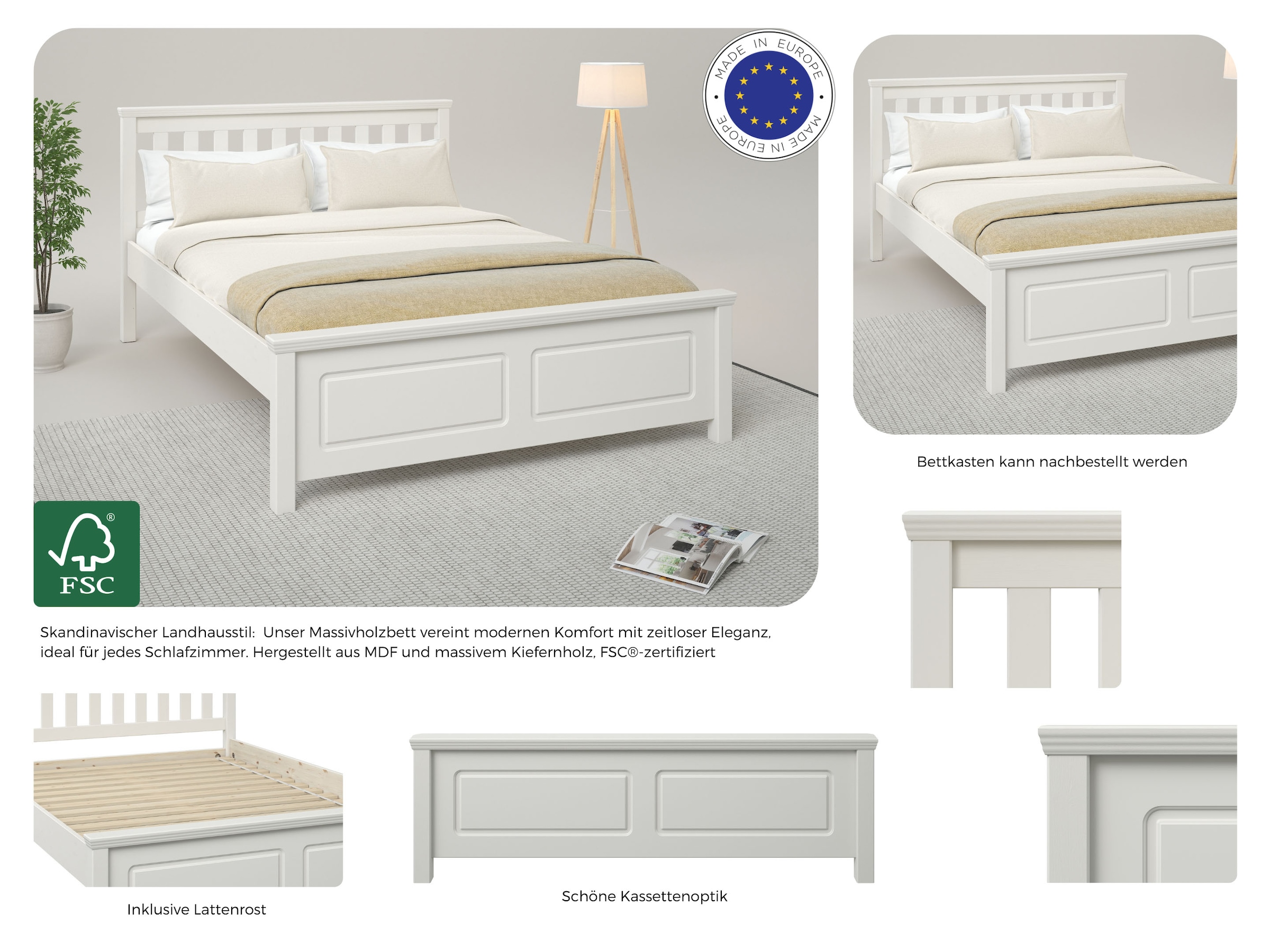 OTTO home Bett »Fredegard, skandinavischer Stil, vielseitig kombinierbar, 2 Breiten« 180er oder 140er Breite,  teilmassiv, Sprossen am Kopfteil, mit Lattenrost, Kassettenoptik