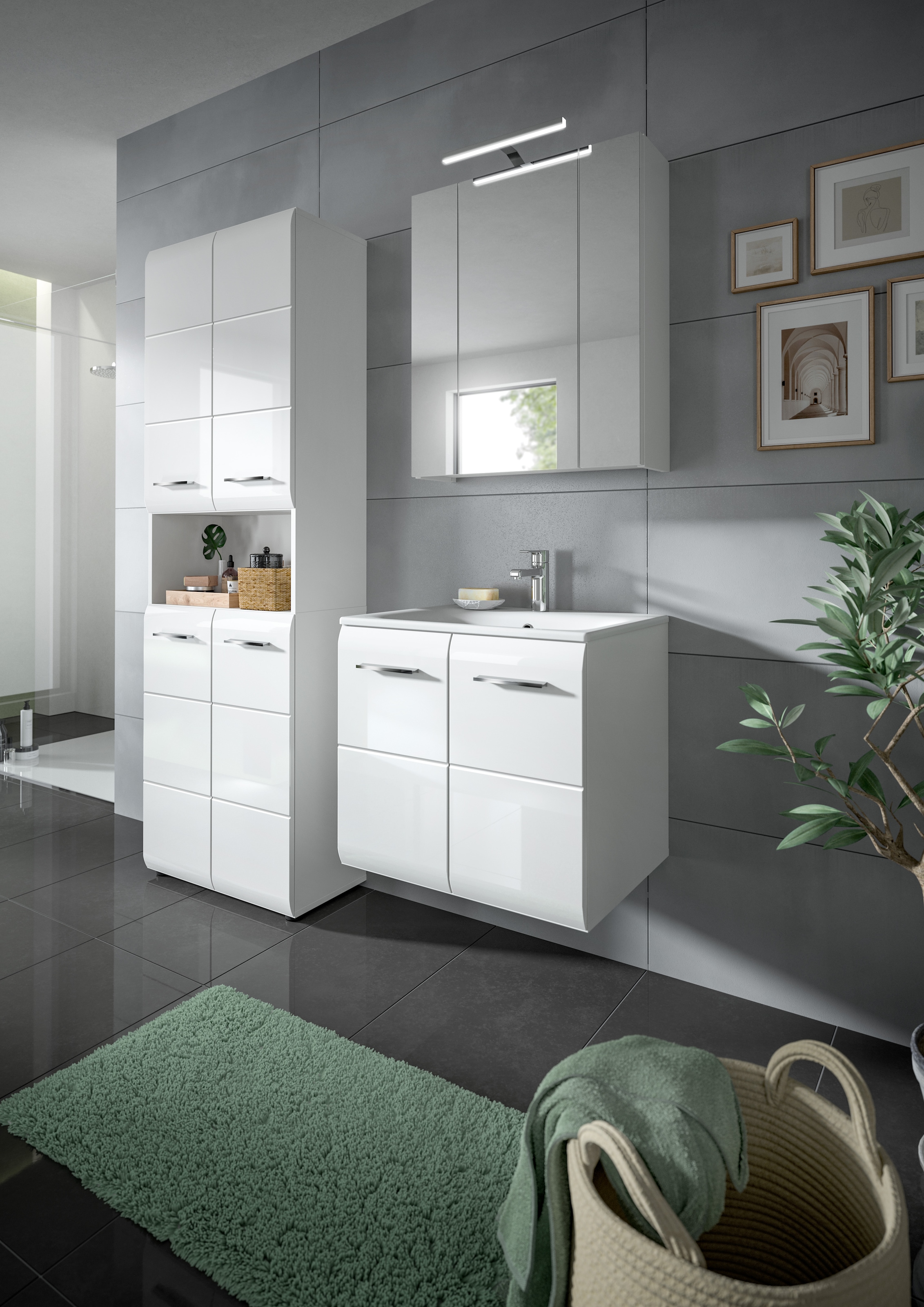 INOSIGN Badezimmer-Set, (Set, 5 St.), Florenz, Badkombination 5-tlg,Weiß hochgl. inkl. Waschbecken+Bel.