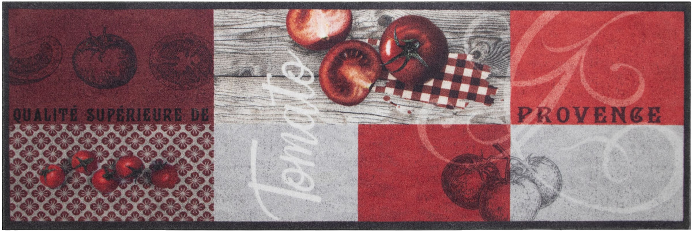 Küchenläufer "TOMATO, Made in Belgium", rot, B:50cm H:6,5mm L:150cm, Polyamid, PRIMAFLOR-IDEEN IN TEXTIL, Teppiche, Motiv Tomaten, mit Schriftzug, rutschhemmend, waschbar, Küche