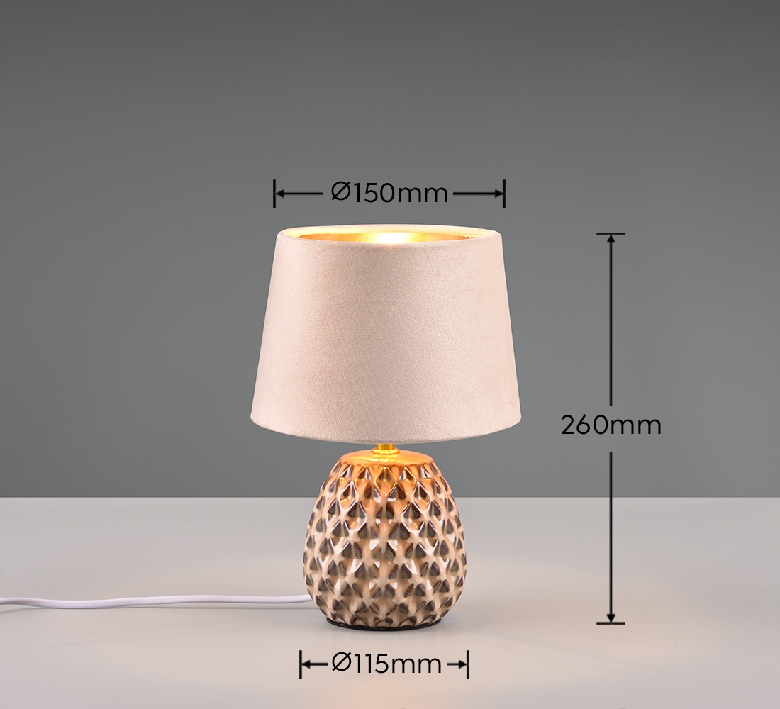 REALITY Leuchten Schreibtischlampe »ARIANA Tischleuchte exkl 1xE14 max40W Höhe 27cm Ø 18cm Nachttischlampe«, 1 flammig, Leuchtmittel E14 | Leuchtmittel wechselbar, Struktur Keramik Samt Schirm innen gold,Tischlampe mit Schnurschalter
