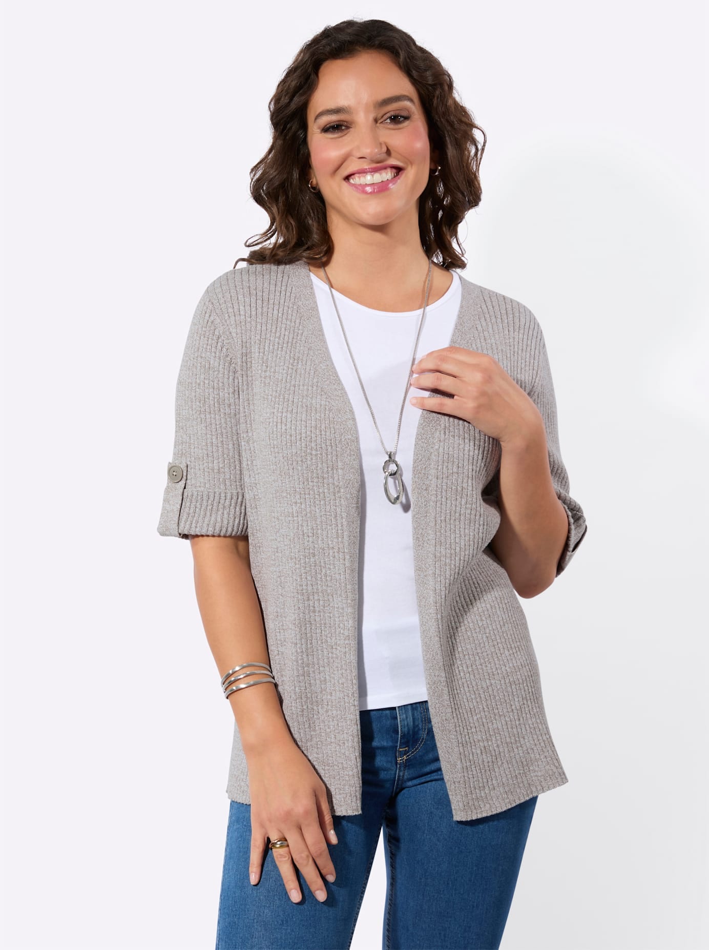 Strickjacke CASUAL LOOKS, Damen, Gr. 54, taupe, weiß, meliert, 100% Baumwolle, meliert, Strickjacken Strickjacke