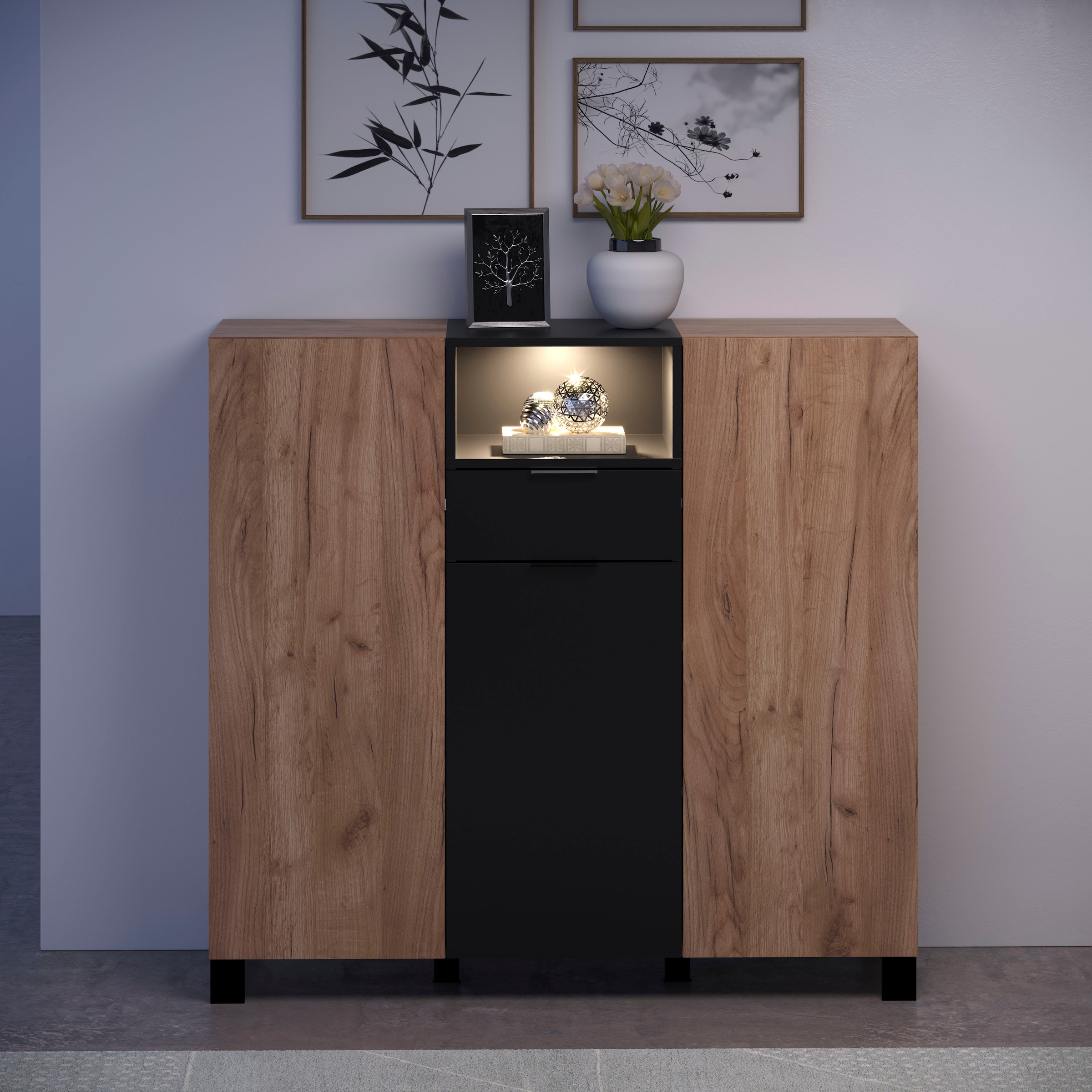 INOSIGN Highboard »Kriens«, Hochschrank Eiche, hellbraun / schwarz matt, Breite 125cm, Höhe 117cm