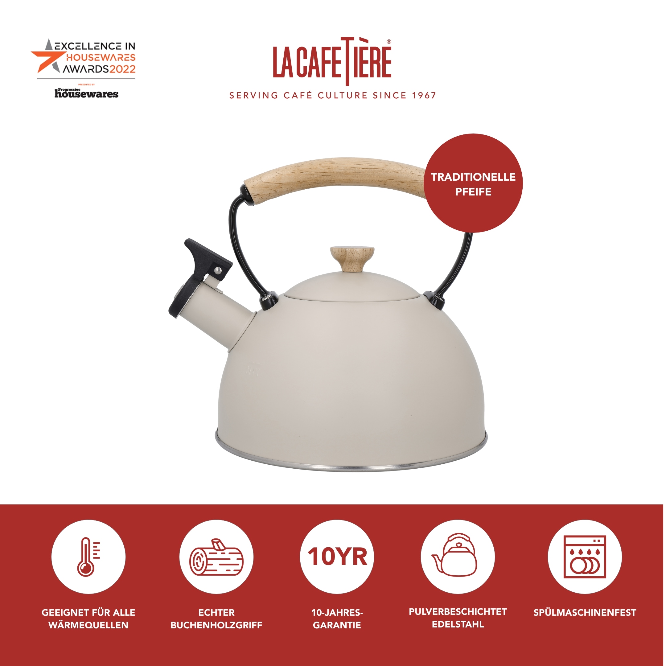 La Cafetière Wasserkessel »La Cafetière«, (1 tlg.), pfeifend, mit Holzgriff, 1,6 Liter, Induktion