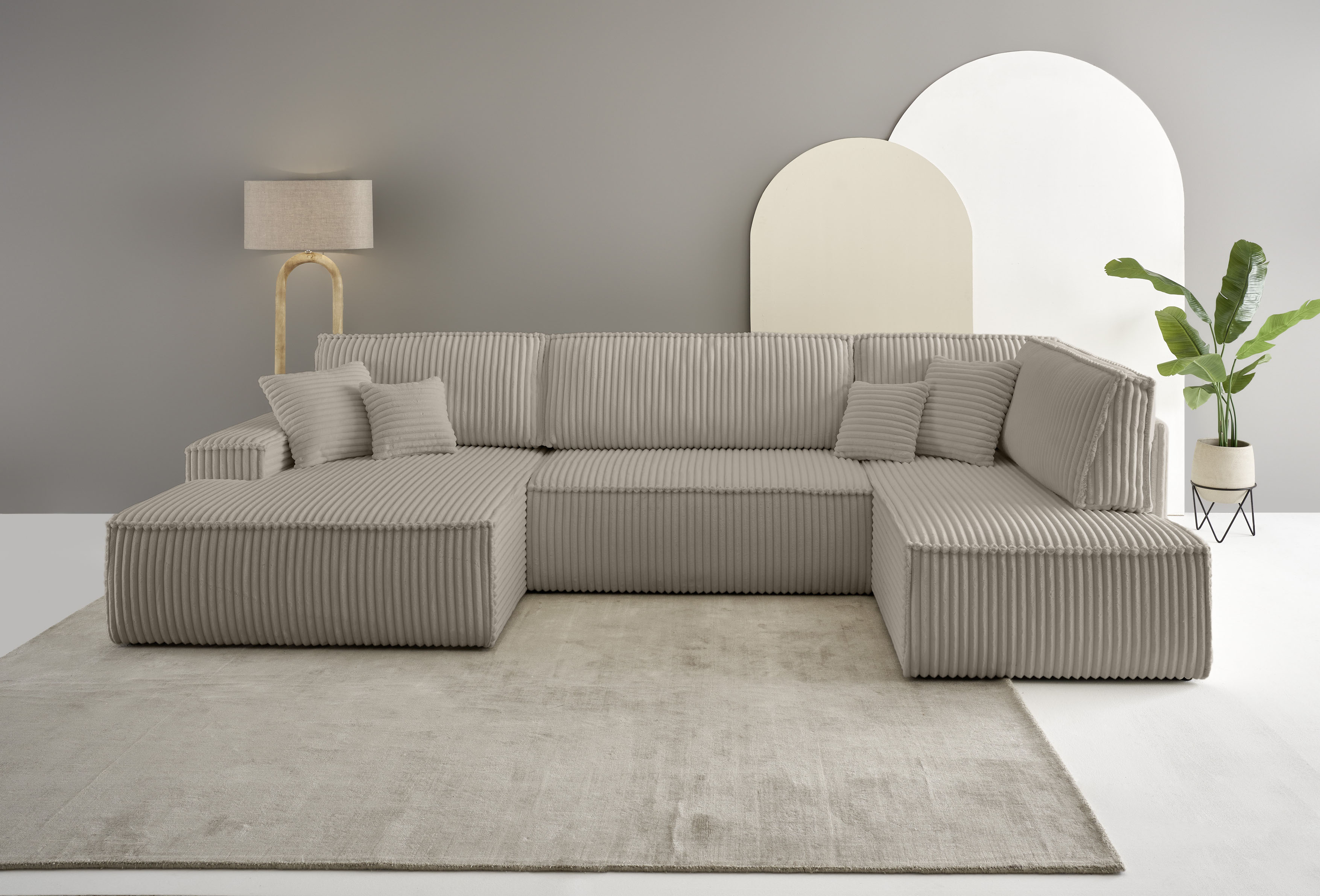 OTTO home Wohnlandschaft "FINNLEY Cord U-Form XXL 329 cm - OTTO. Verlässliche Qualität." Schlafsofa, Bettkasten, in Bouclé, Struktur fein und Mega Cord