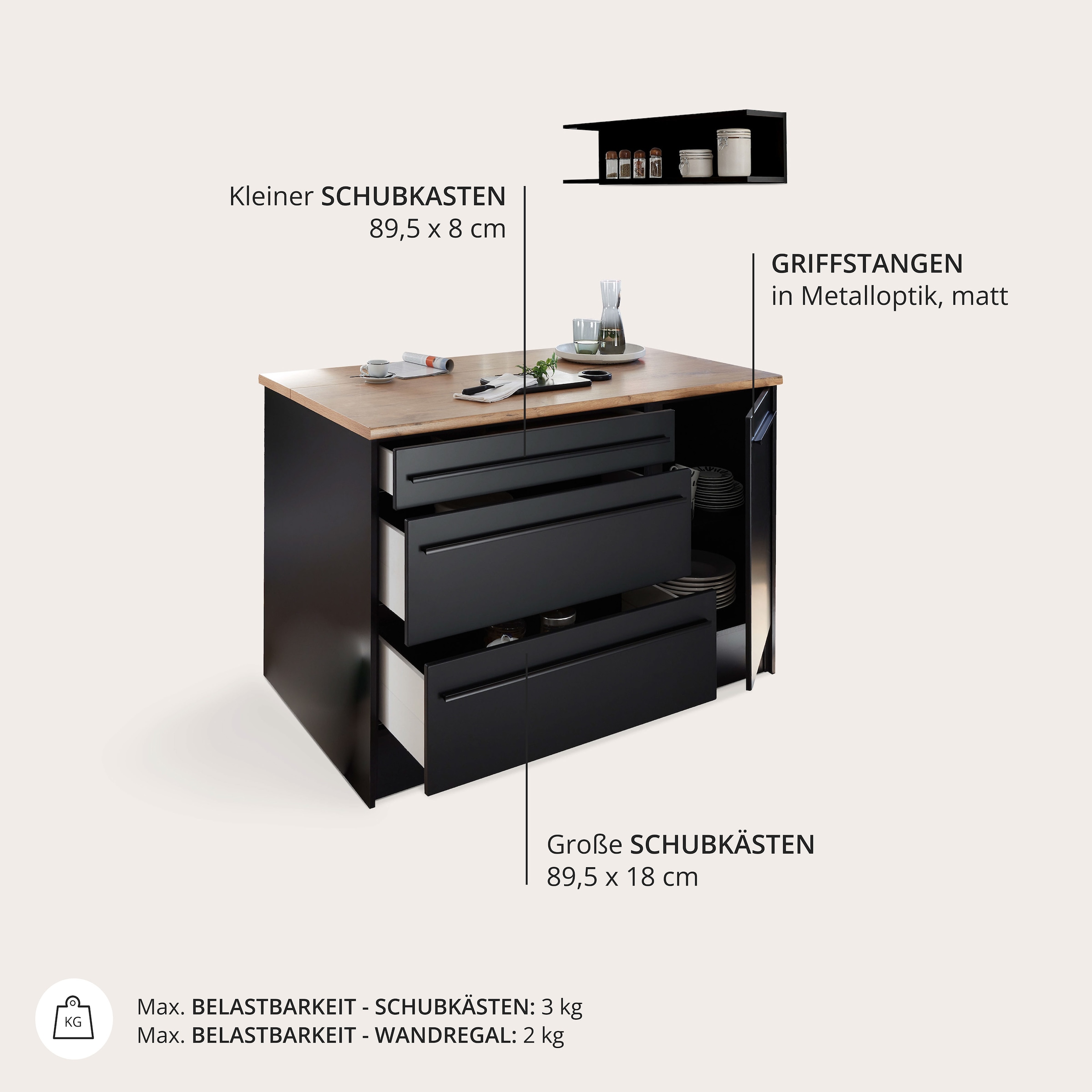 BASIC by Balculina Kücheninsel »Jazz Kücheninsel«, Breite 145 cm, Türen und Schubkästen