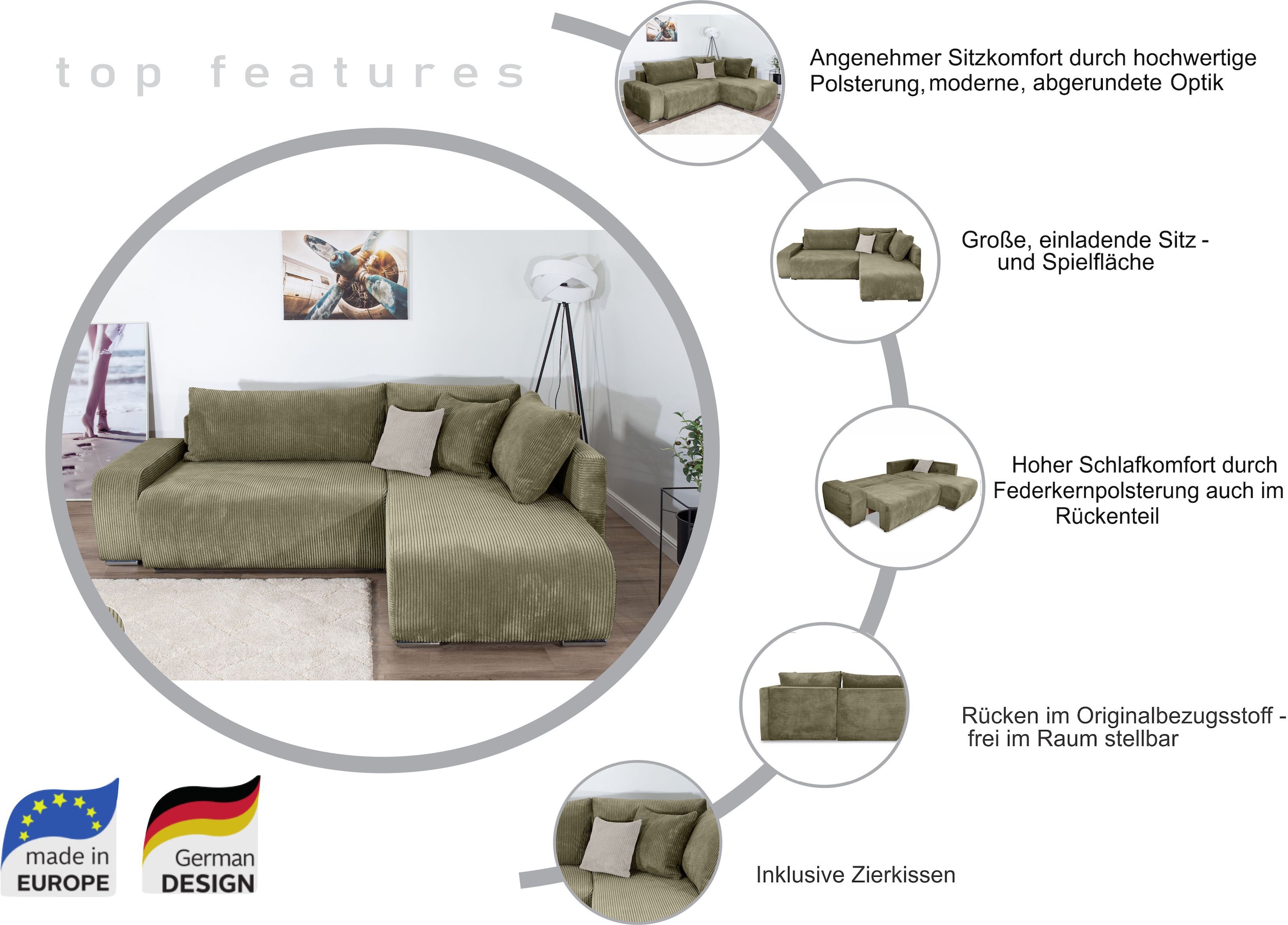 COLLECTION AB Ecksofa »Poppy, L-Form, Breite 227 cm mit Schlaffunktion«