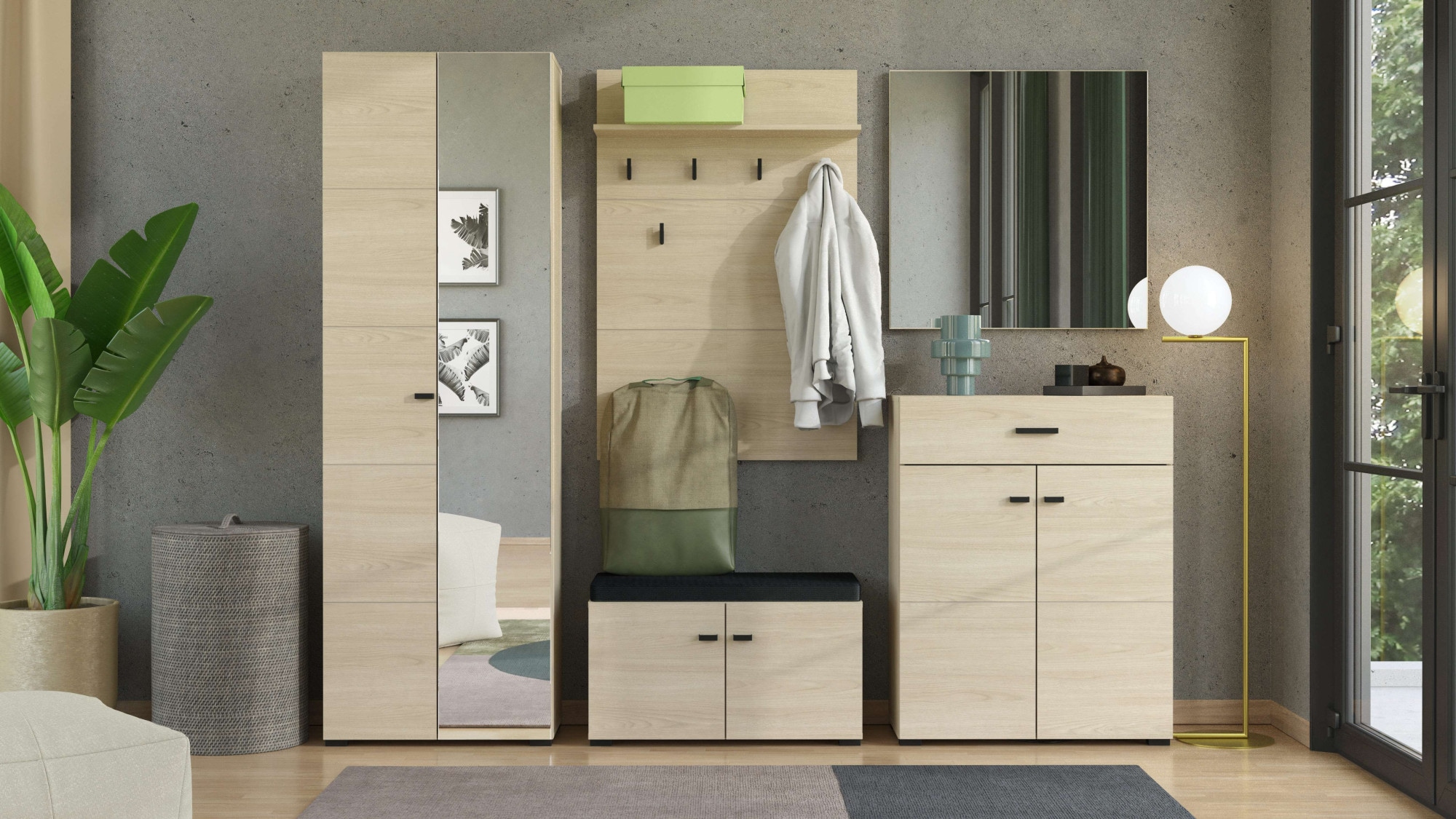 Garderoben-Set HOME AFFAIRE, B:218cm H:194cm T:35cmhelle hafeneiche, Glas, Metall, Spanplatte, Kastenmöbel-Sets, "Rathlin Flurmöbel, Dielenmöbel,