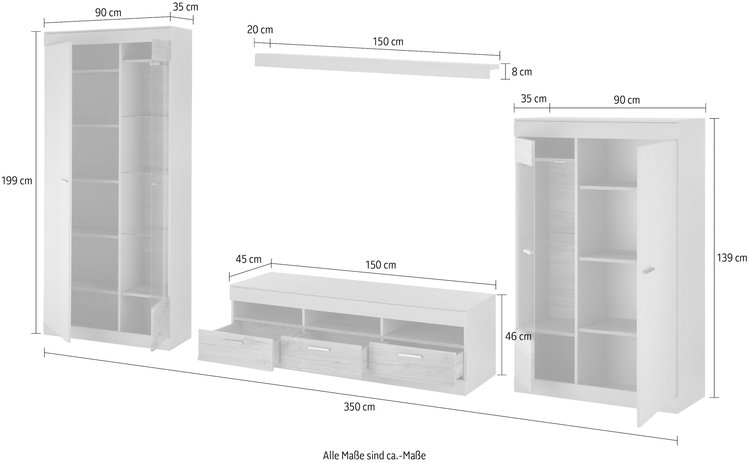INOSIGN Wohnwand »SCARA«, (4 St.), trendige Farbe mit Applikation Zinneiche Dekor, mit Softclose-Funktion