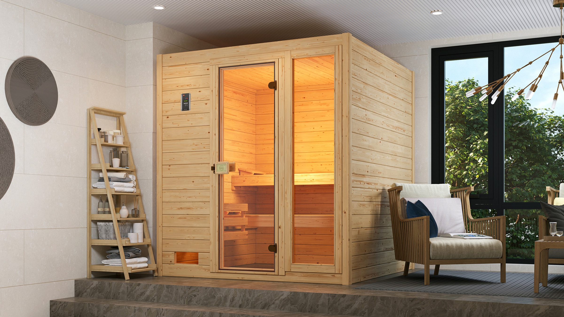 weka Sauna »Massivholzsauna VALIDA 3«, Blockbohlen, Fensterelement, moderne Ganzglastür