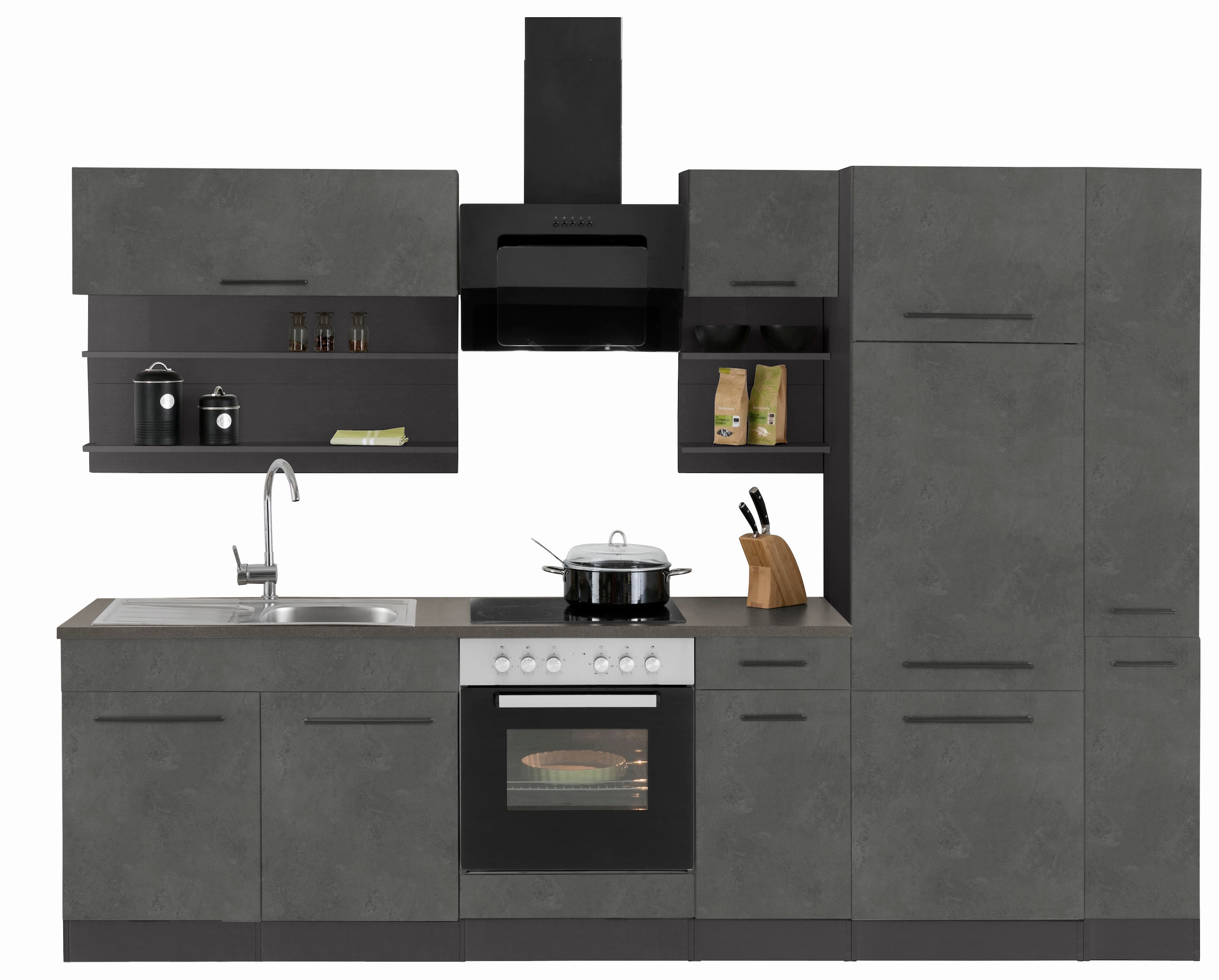 KOCHSTATION Küchenzeile »KS-Tulsa«, ohne E-Geräte, Breite 300 cm, schwarze Metallgriffe, MDF Fronten