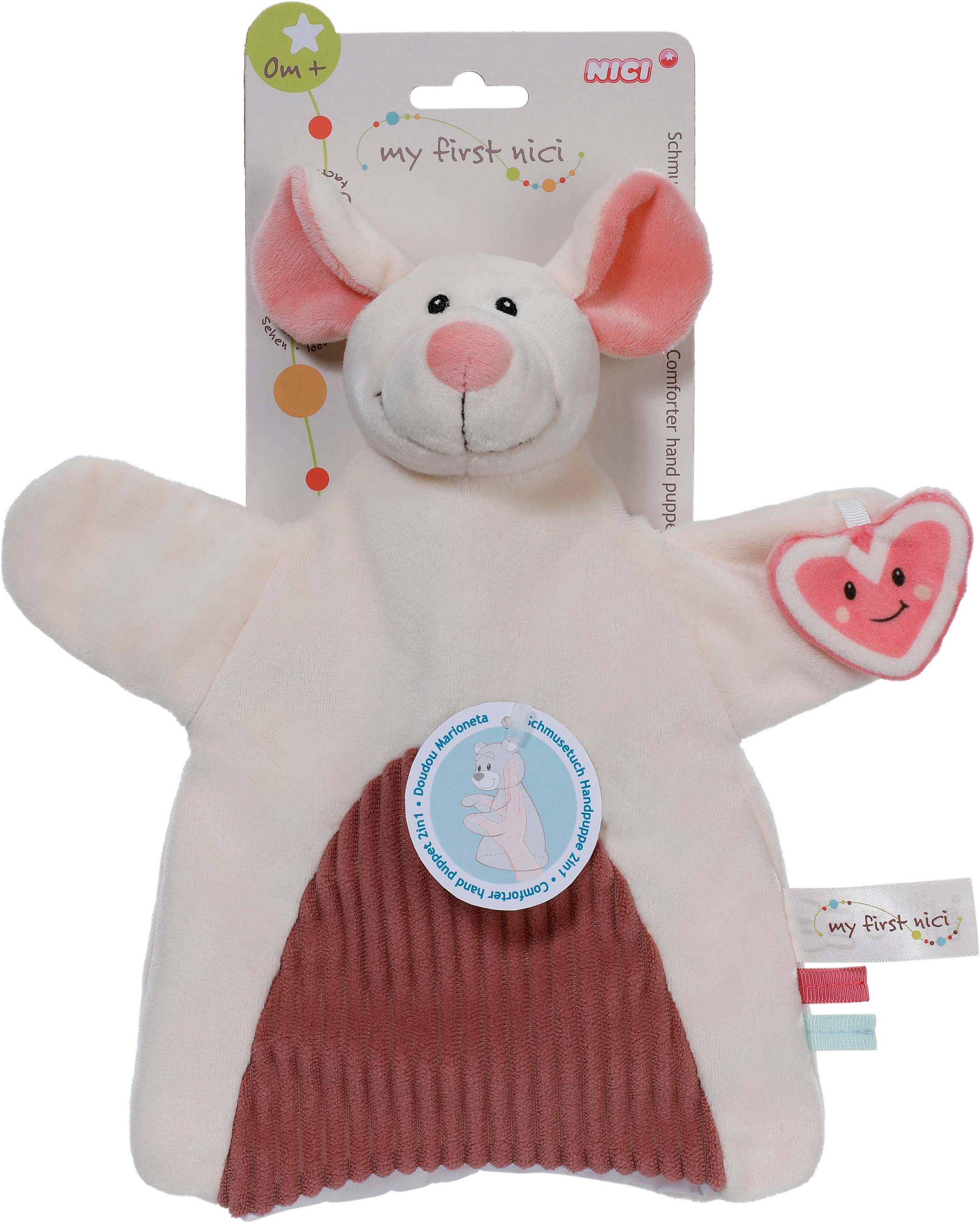 Nici Schmusetuch »My first NICI, Handpuppe Maus 2in1 26x25 cm«, sanfte Materialmix aus glattem und geripptem Plüsch