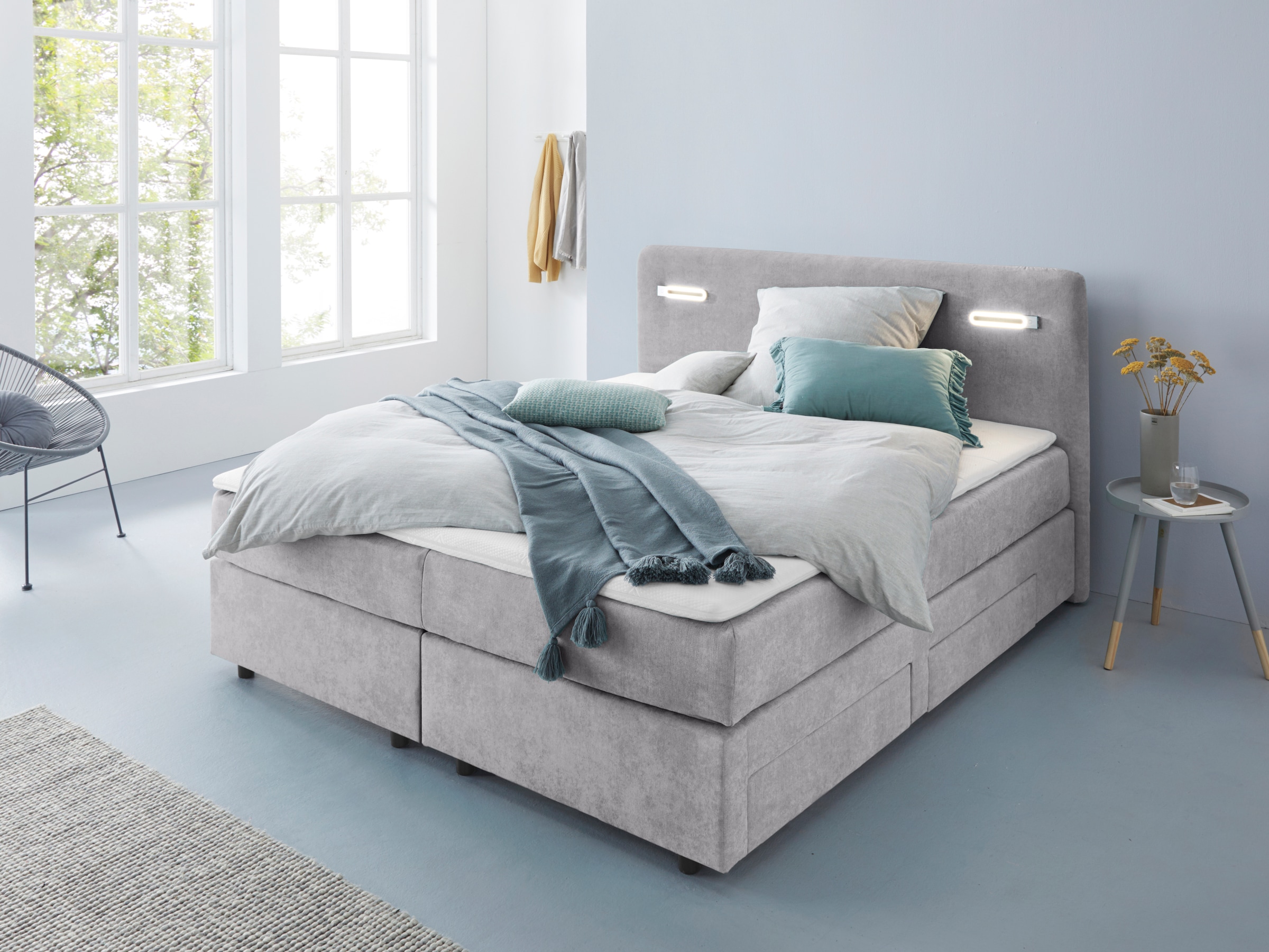 Boxbett HOME AFFAIRE "Luan", grau (platinum), B:187cm L:211cm, Komplettbetten, Boxspringbett, Schubkästen, LED-Beleuchtung und Topper, in Breite 120 cm und 180 cm