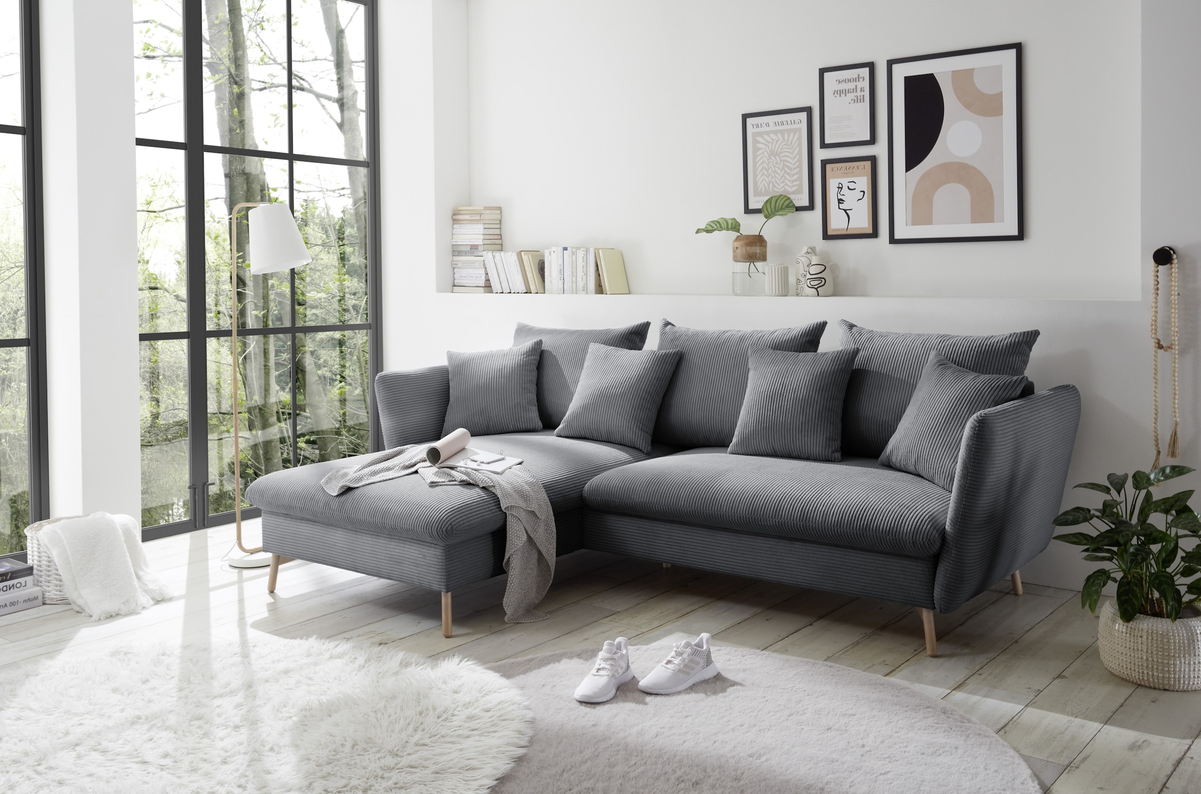 andas Ecksofa »MERLE, 258 cm, L-Form, traumhafter Cord,«, mit Bettfunktion und Bettkasten, Liegefläche 224 x 139