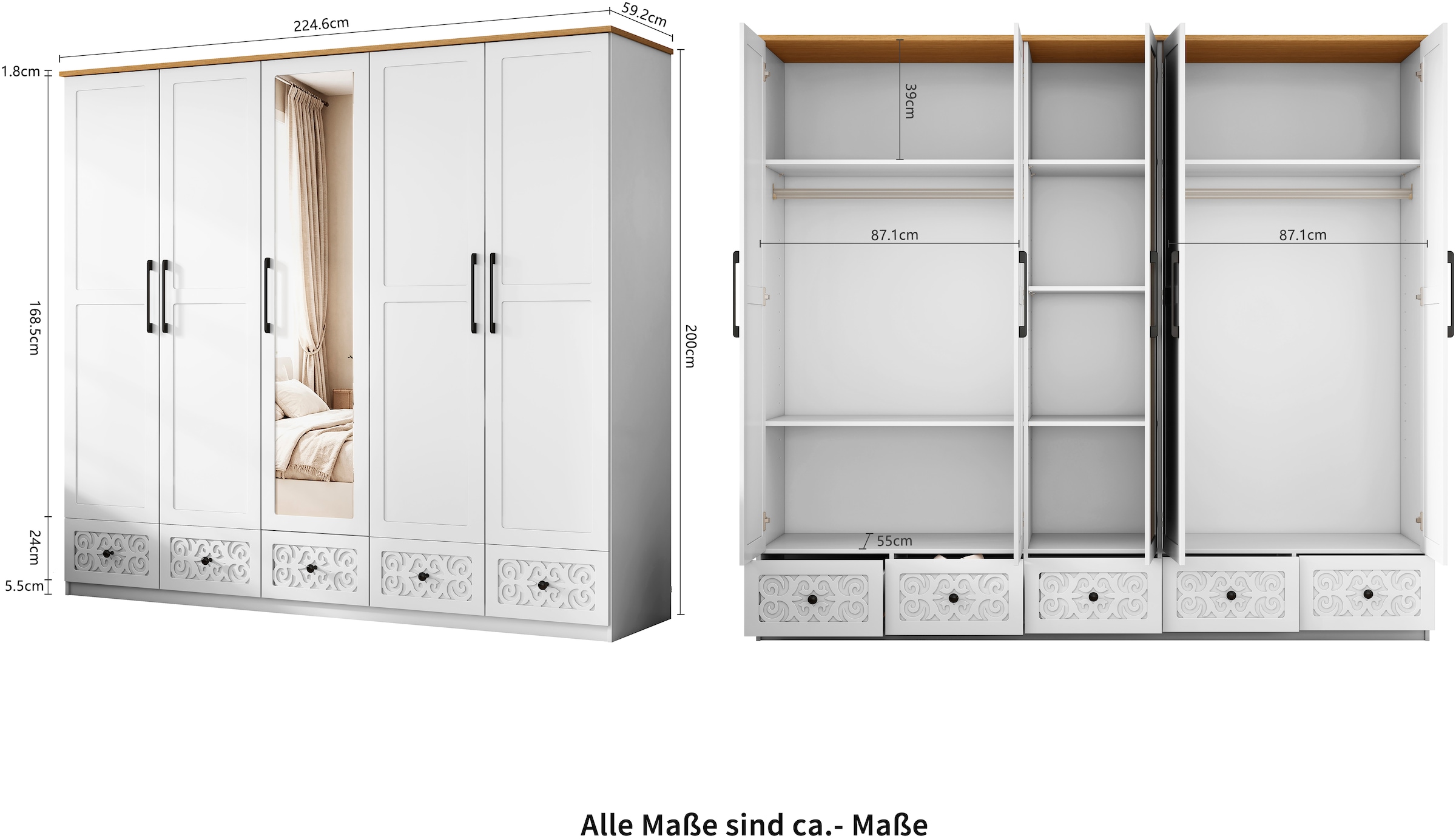 OTTO home Kleiderschrank »EZZON-KS« Landhaus Design Schlafzimmerschrank mit Verzierungen und Spiegel