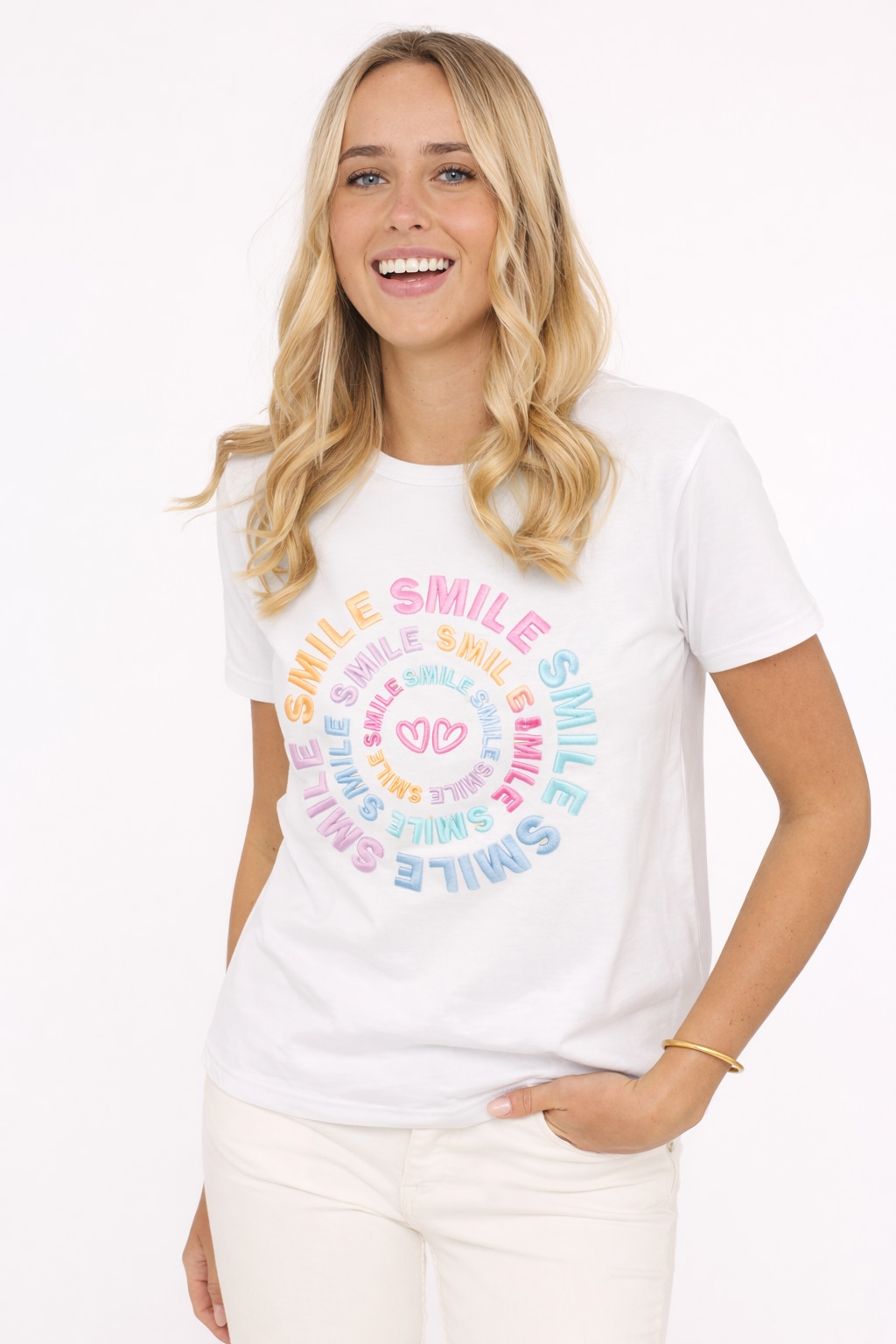 Zwillingsherz T-Shirt ""Smile"" Farbenfrohe runde Stickerei, Rundhals, kurz günstig online kaufen