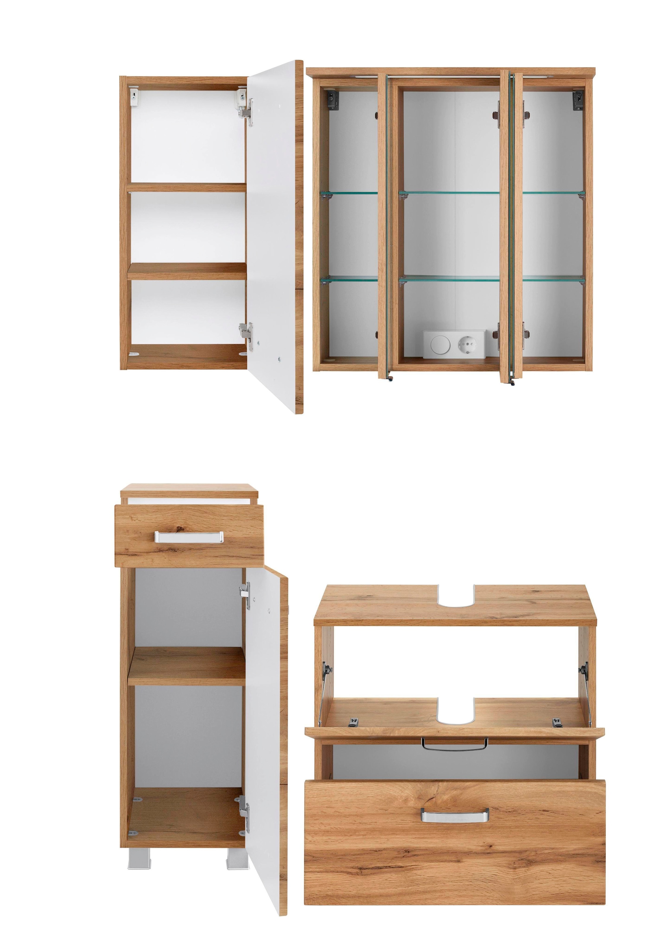 welltime Badmöbel-Set »Ravenna«, (4 St.), Hängeschrank, Unterschrank, Spiegelschrank, Waschbeckenunterschrank