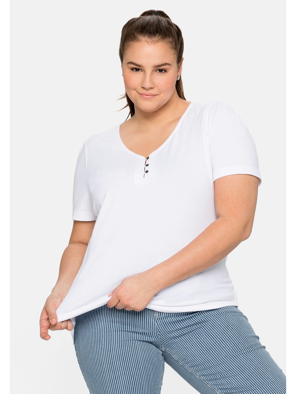 Sheego T-Shirt »Große leichten Knopfleiste kurzer Größen«, | und für BAUR kaufen mit Puffärmeln