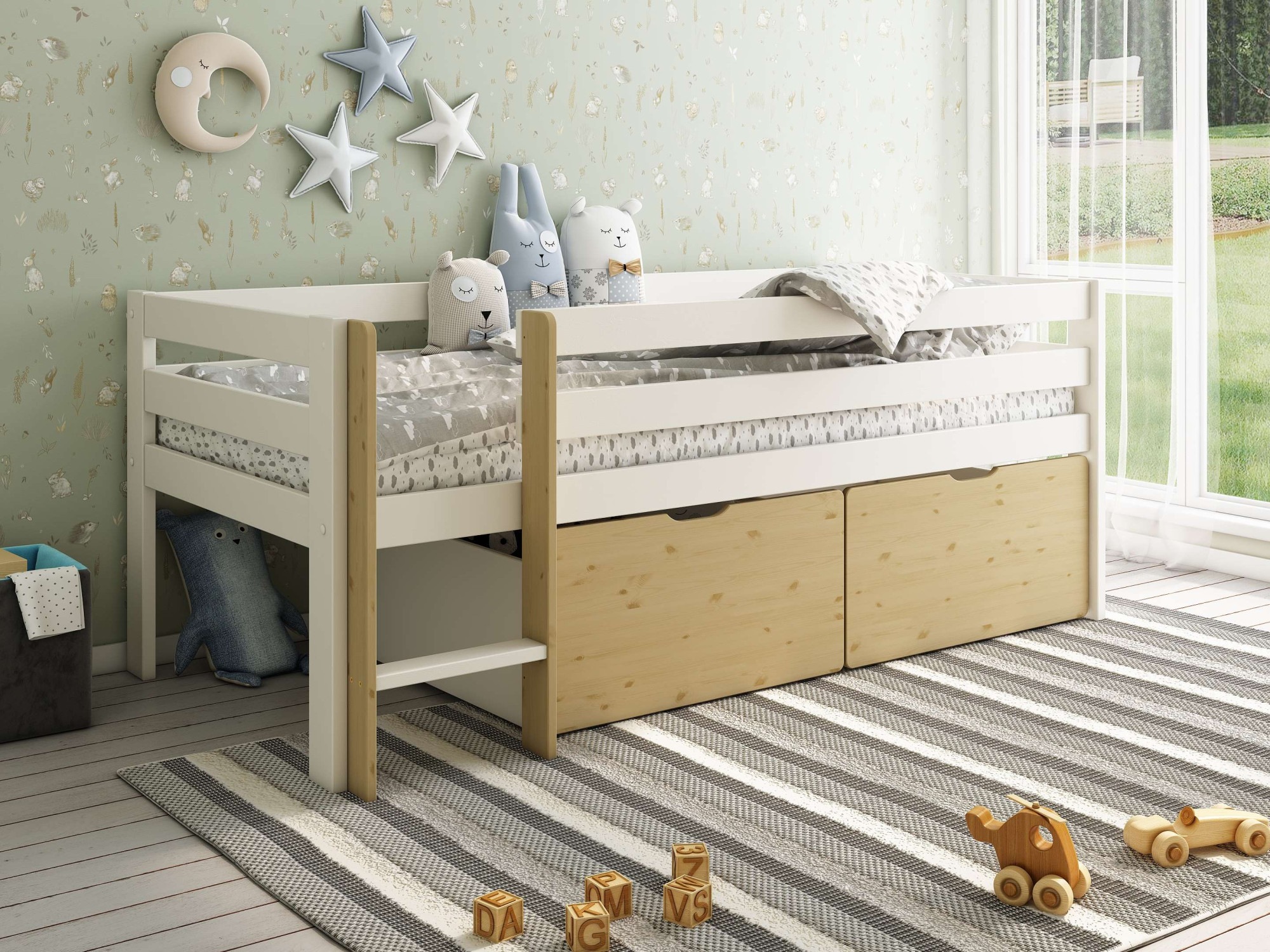 OTTO home Kinderbett »Tide« Kinderbett inklusive Lattenrost und 2 Bettkästen, 4 tlg. inklusive 2 Bettschubkastensten für Spielzeug, Rundumrausfallschutz