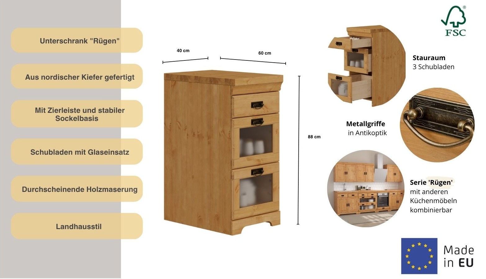 Home affaire Unterschrank »Rügen« Breite 40 cm, Kiefer massiv, Schubkästen mit Glaseinsatz