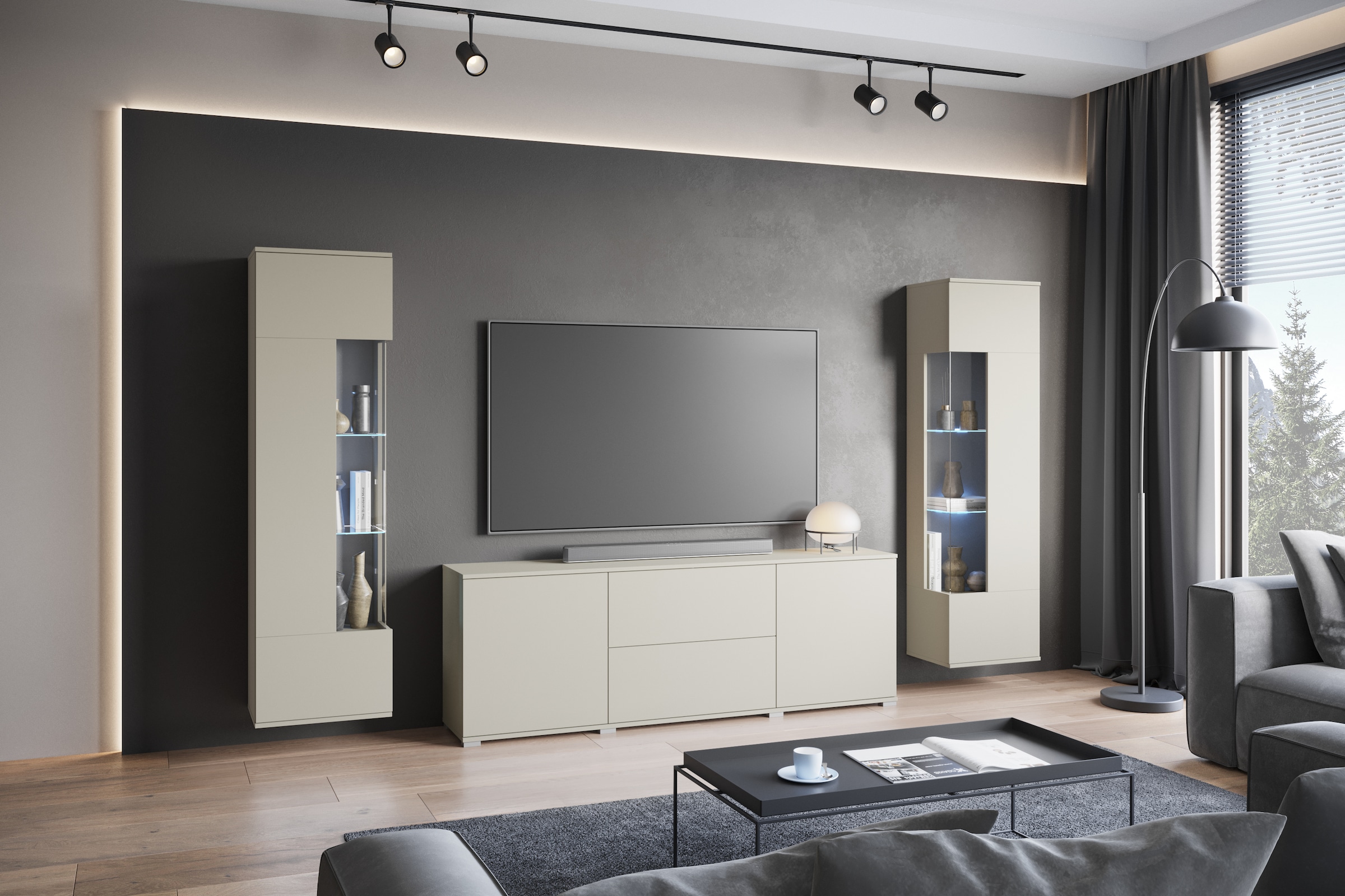 INOSIGN Wohnwand »KENIA«, (Komplett-Set, 3 St.), Vitrinen mit Eckverglasung, hängend und stehend montierbar