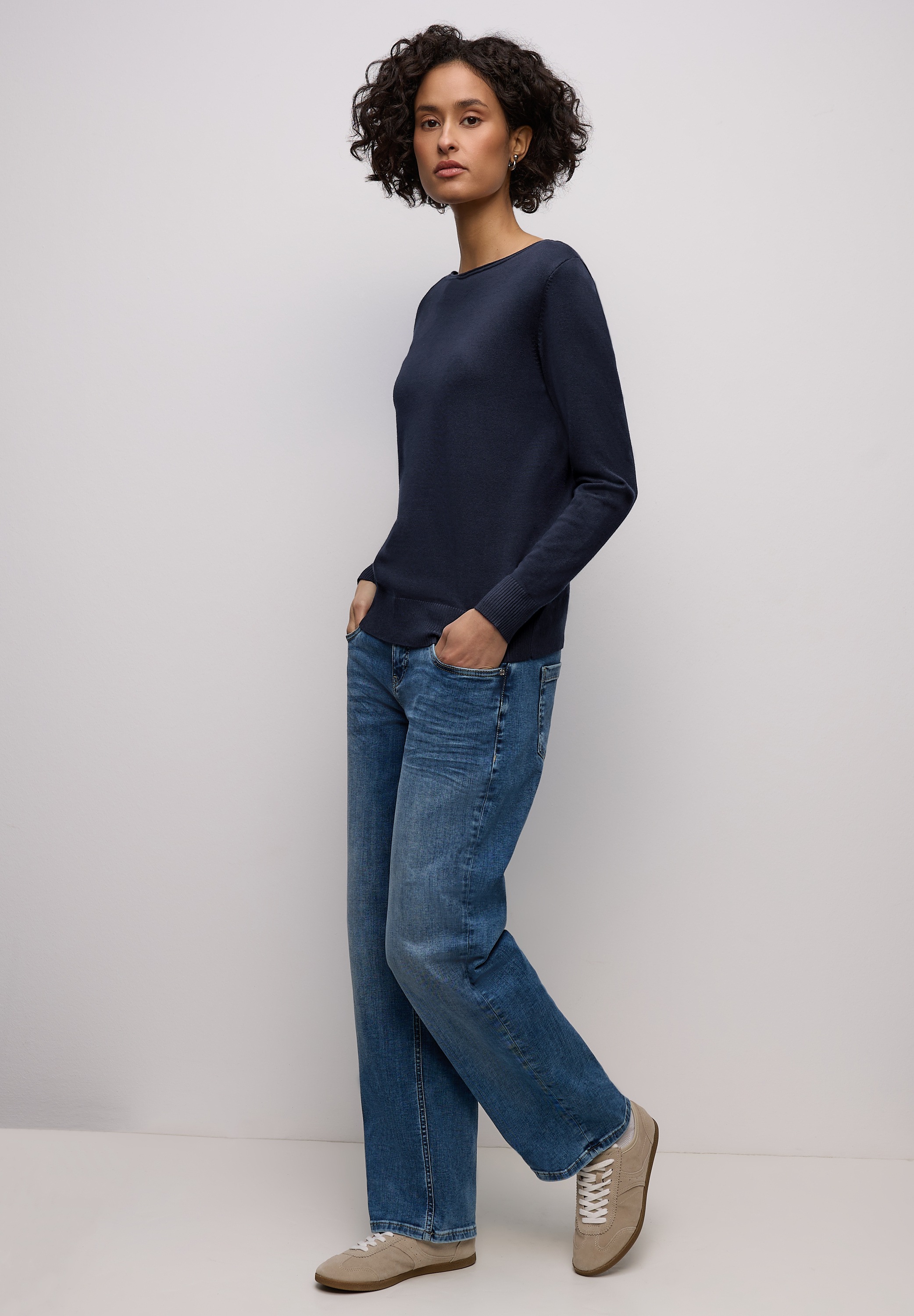 Longpullover STREET ONE, Damen, Gr. 40, tiefblau, Stoff, 86% Viskose, 14% Polyester, unifarben, comfort fit normal, U-Boot-Ausschnitt, Bündchen, Pullover Longpullover, mit Strick-Detail 3