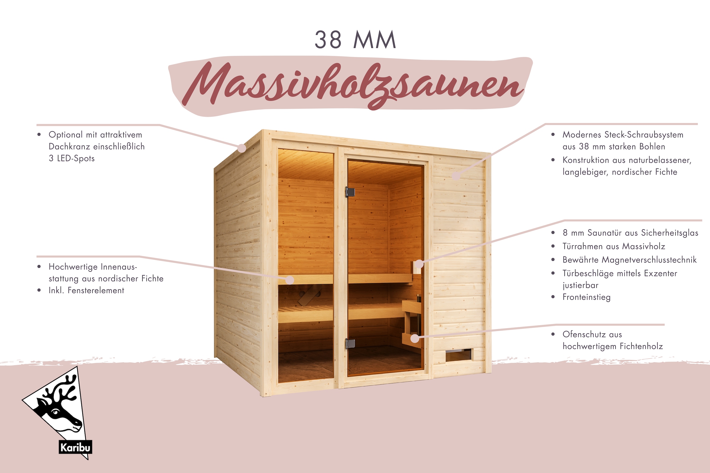 Karibu Sauna »"Jackie" mit bronzierter Tür, naturbelassen« aus hochwertiger nordischer Fichte