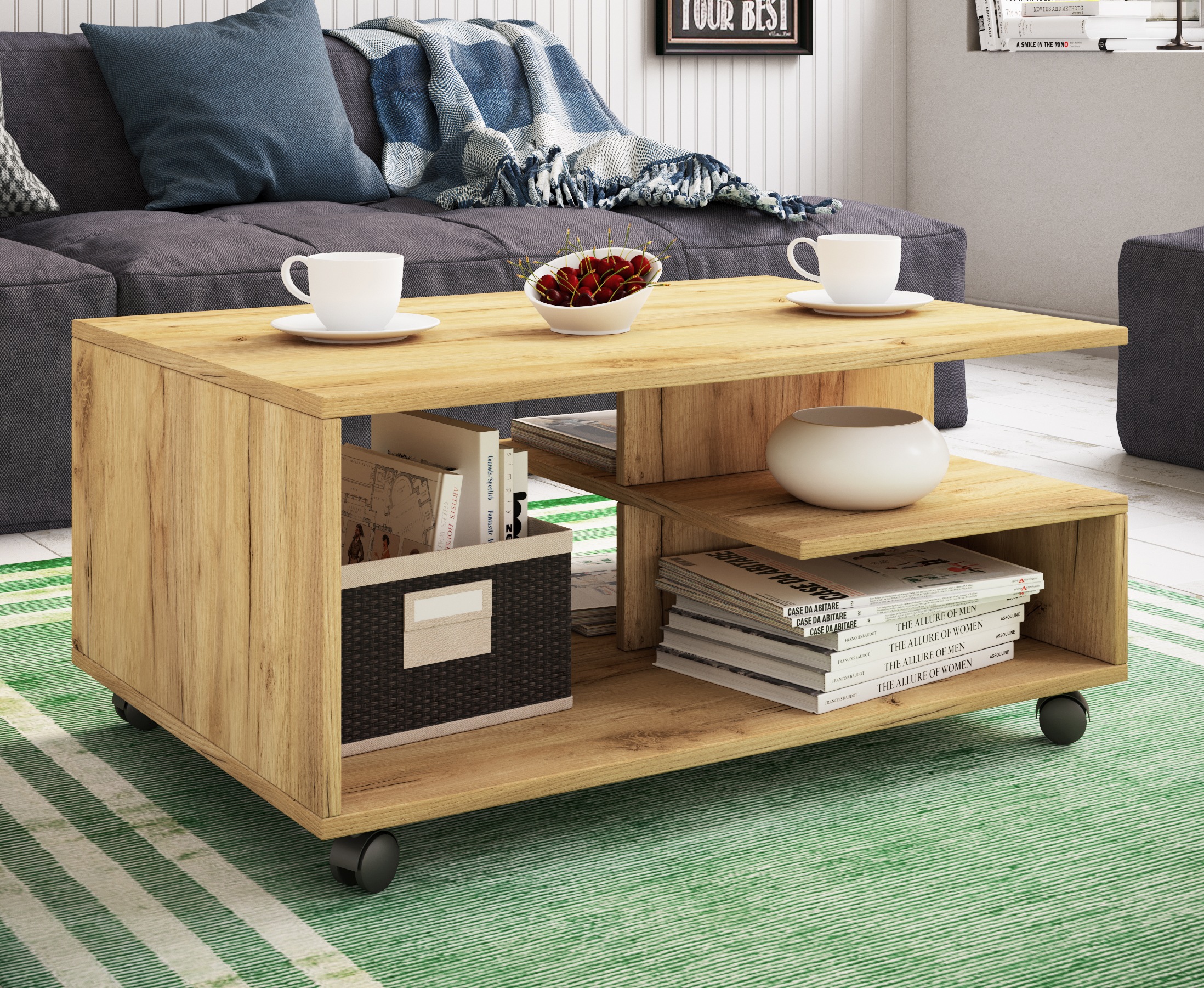Couchtisch VCM "Holz Sofatisch Couchtisch Rollen rollbar Stango L", braun (honig, eiche), B:80cm T:50cm, Tische, Couchtisch 2