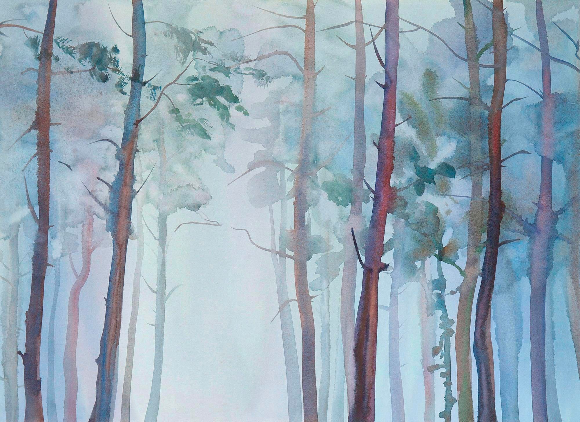 living walls Fototapete "Aquarellwald Vlies" glatt Fototapete Wald Aquarell Bunt 3,50 m x 2,55 m Tapete