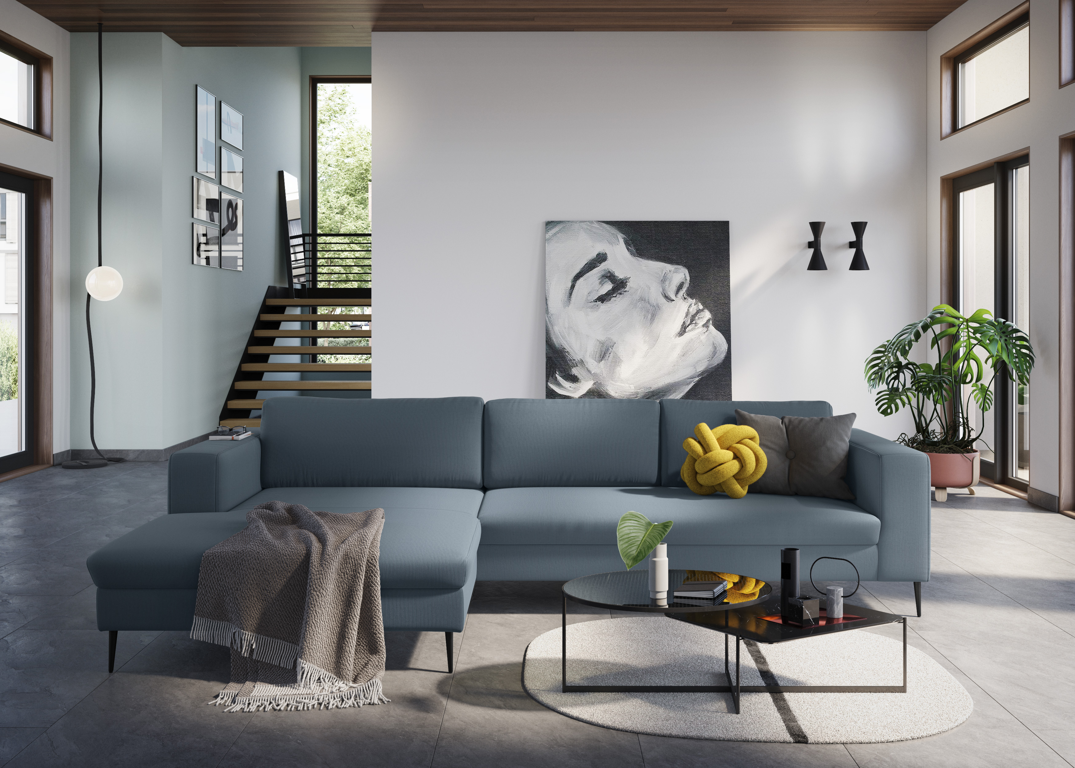 DOMO collection Ecksofa "Modica, zeitlos & elegant, Breite 329cm, hoher Fuß, bequem, L-Form" Auch in Cord, Fußhöhe passend für gängige Saugroboter
