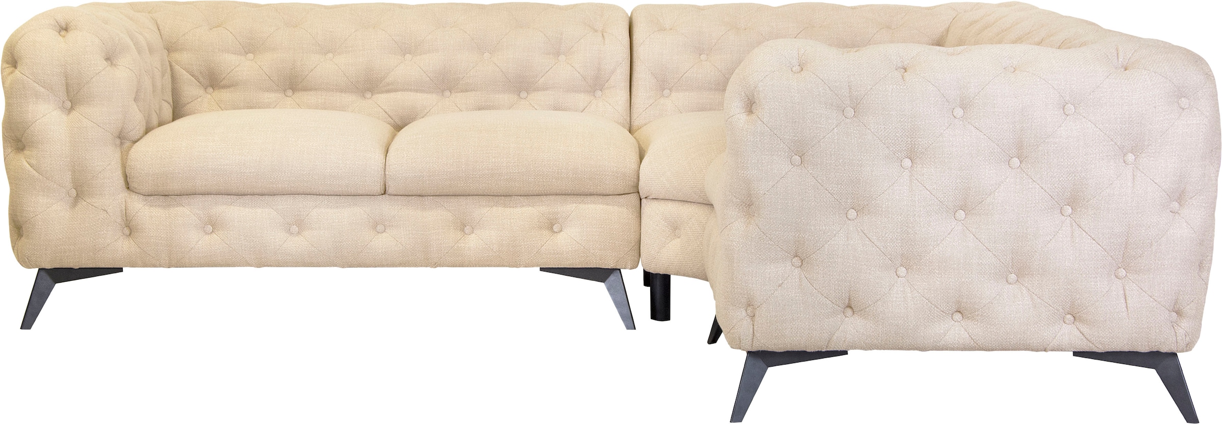 Leonique Chesterfield-Sofa »Ecksofa GLYNIS L-Form mit Wellenunterfederung, Maße B/T/H 264/264/75cm«, aufwändige Knopfheftung, moderne Chesterfield Optik, Fußfarbe wählbar