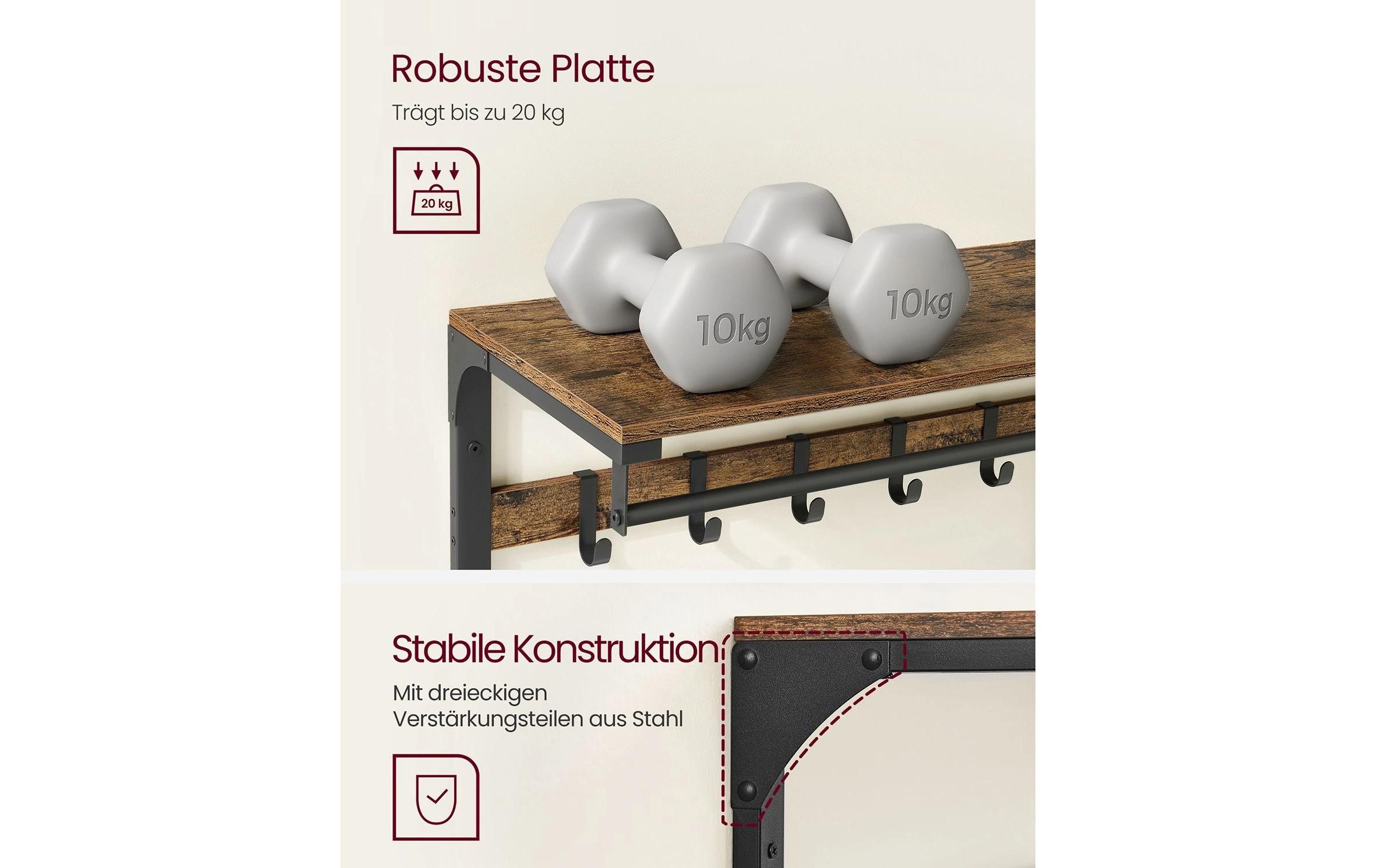 VASAGLE Wandgarderobe »im Industriestil mit Ablage 80 x 30 x 45 cm« Wandregal mit Kleiderstange und 10 Haken