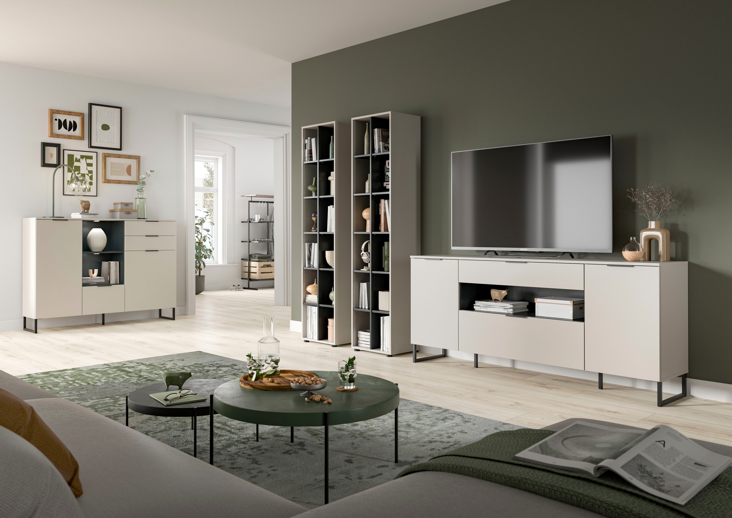 INOSIGN Wohnwand »Adio, Wohnkombination, 305 cm Breit«, (Set, 3 St.), Adio, Wohnkombination 3tlg. Kashmir NB, 2 Stauraumregale, Sideboard