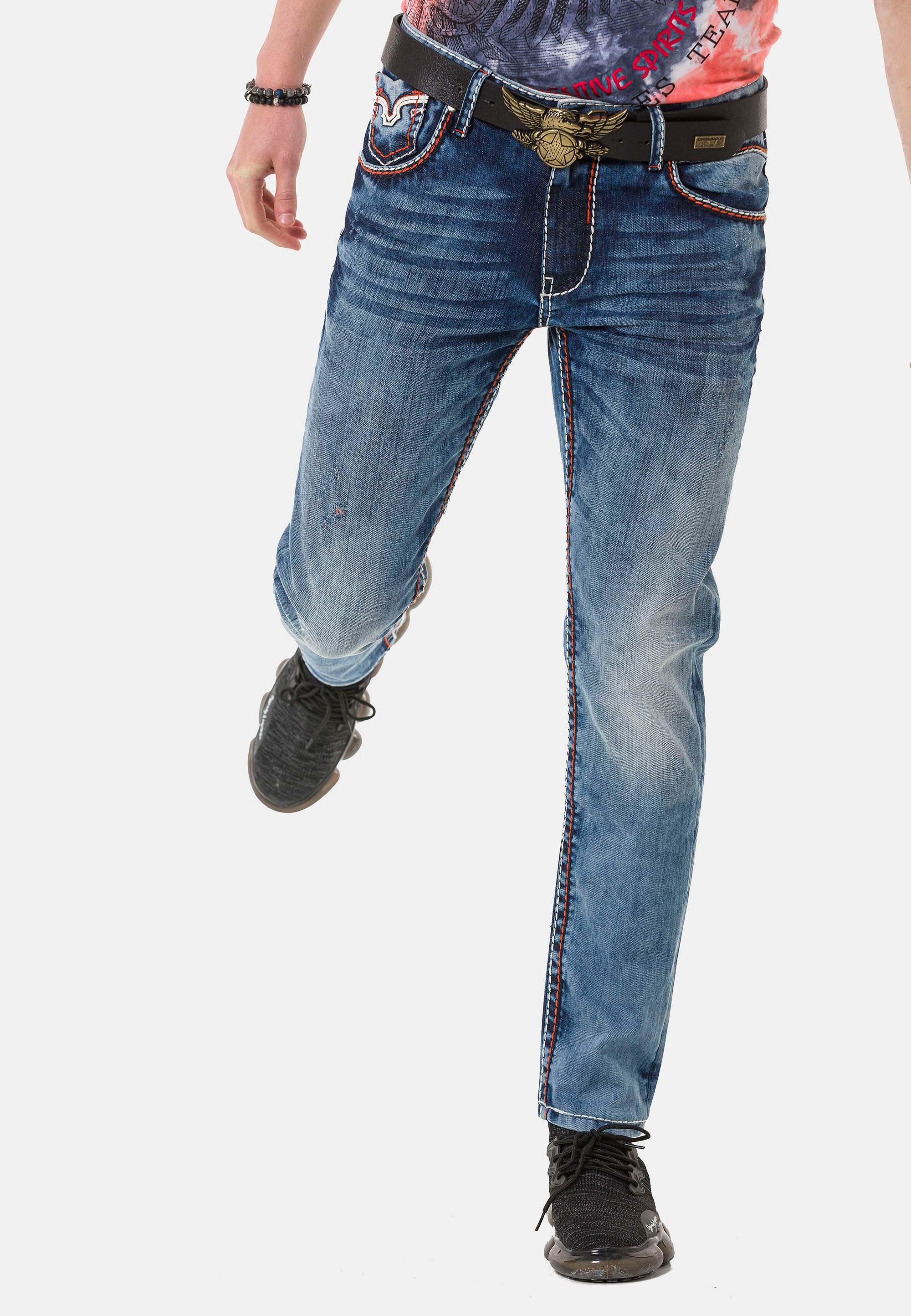 Straight-Jeans, mit kontrastfarbenen Nähten