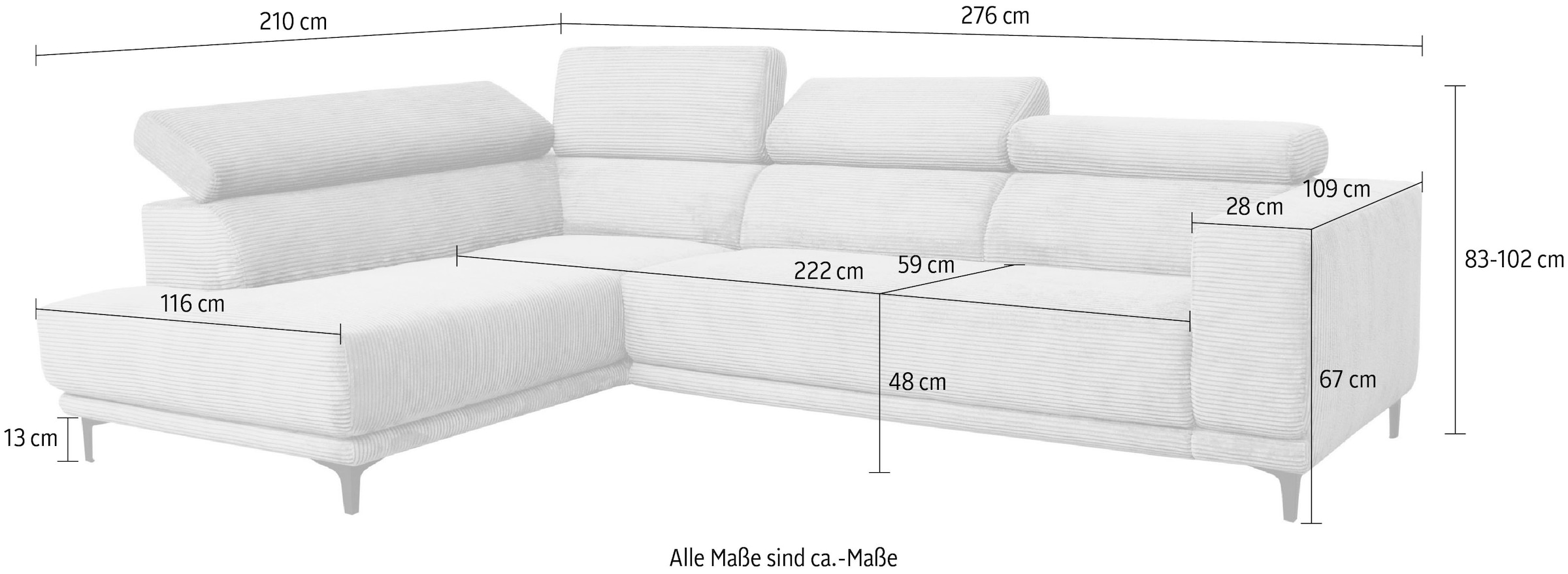 alina Ecksofa »Hikari«, wahlweise mit Sitzvorzug, in modernem Cordstoff, Breite 276 cm