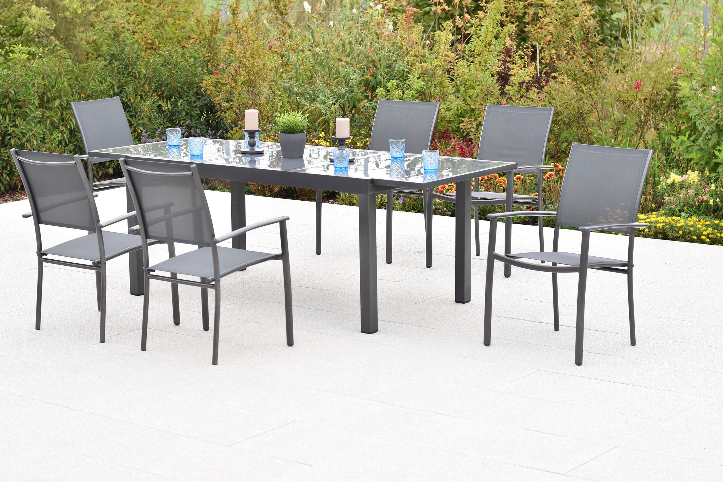 MERXX Garten-Essgruppe »»Milano««, (Set, 7 tlg.), Sessel stapelbar, Tisch ausziehbar