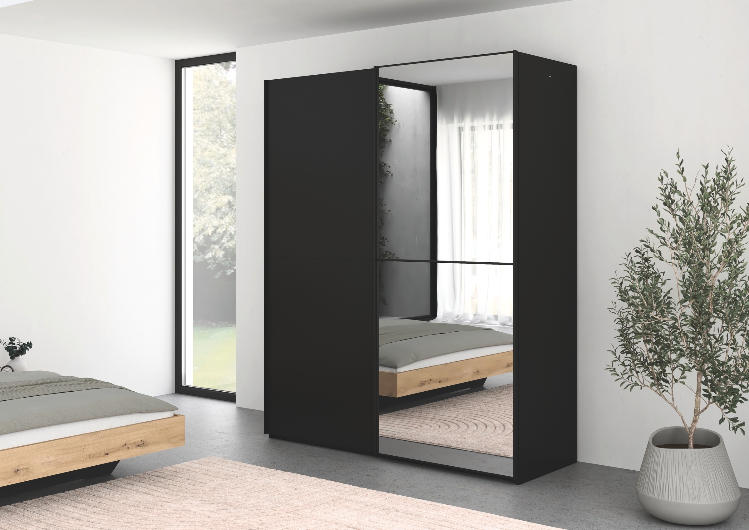 rauch Schwebetürenschrank »Kleiderschrank Schrank Garderobe Schlafzimmerschrank SCALE-DUO«, edle zweigeteilte Türen, Spiegel und 3 Zierleisten MADE IN GERMANY