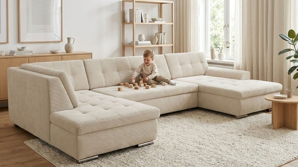 OTTO home Wohnlandschaft "Torrnby 360 x 201 cm, mit Steppungen, modern & stabil" mit Schlaffunktion, U-Form, aus Pet Friendly Bezug