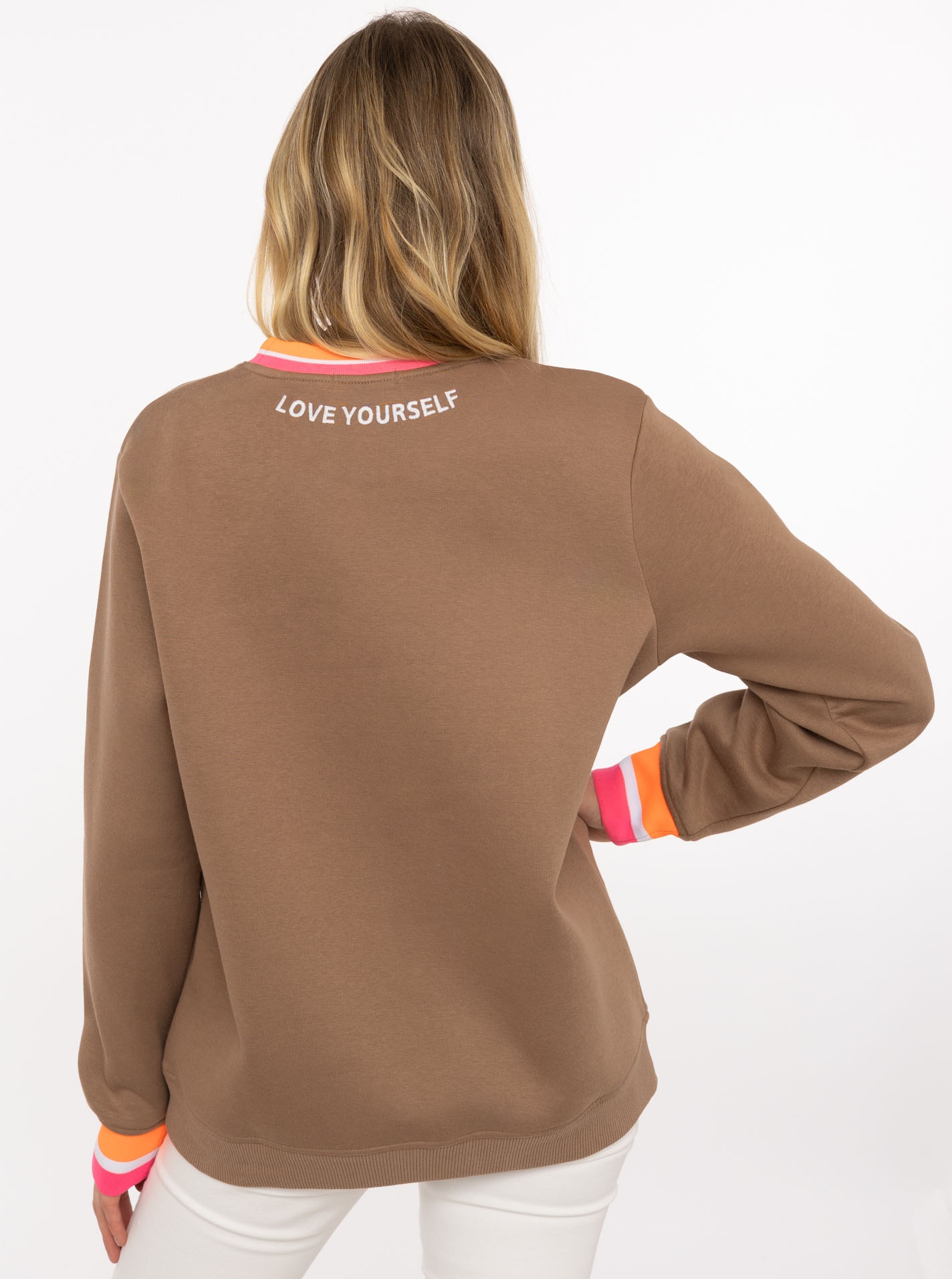 Zwillingsherz Hoodie »"Love Yourself"«, Rundhals, gestreifte Neon-Bündchen, gestickter Schriftzug
